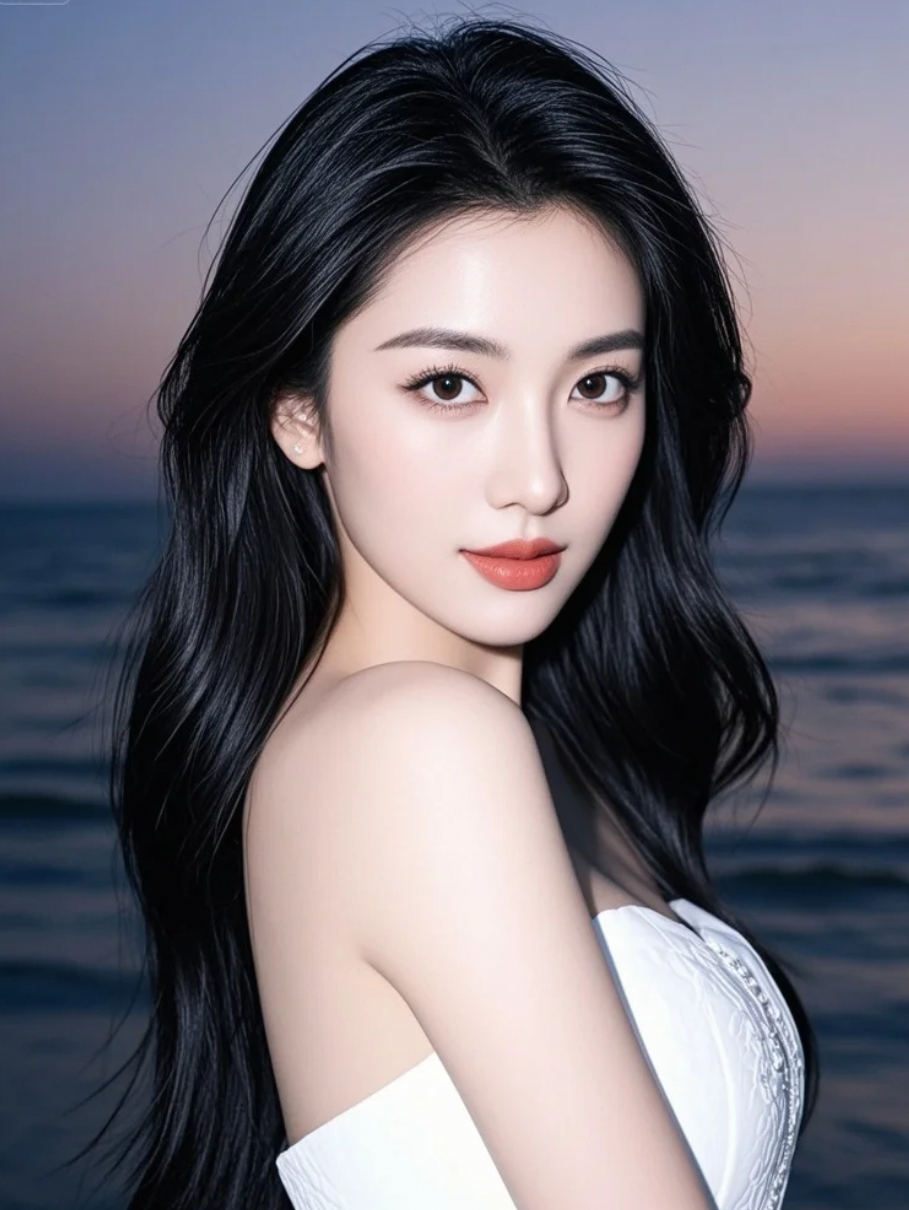 她在海边，白裙与晚霞共舞