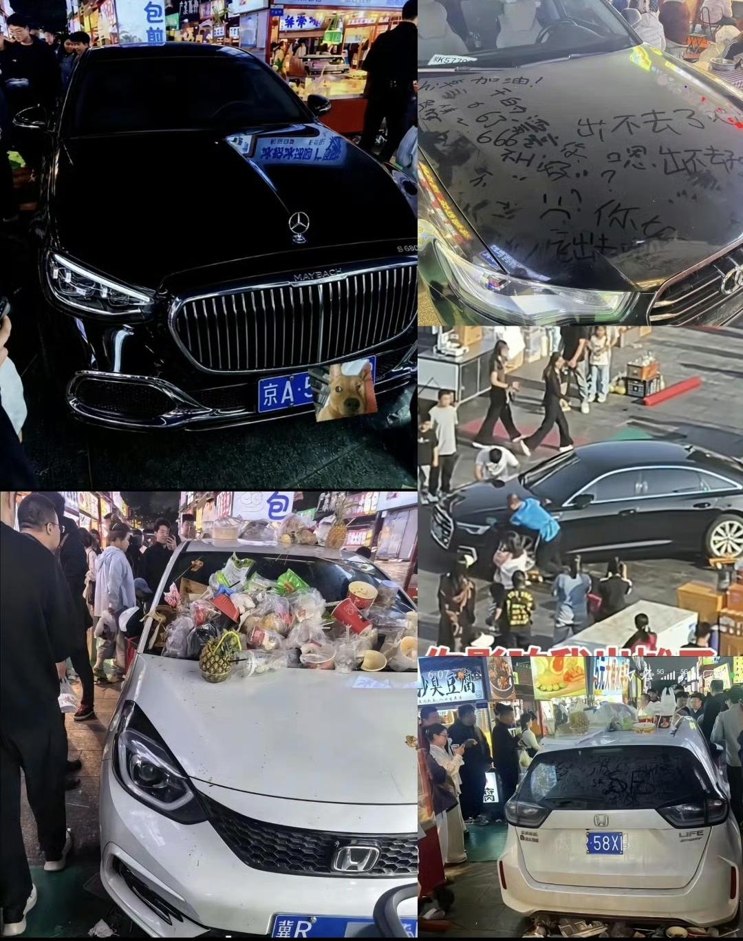 还得买豪车啊。同样是停在人挤人的夜市里，百万级的迈巴赫车身干干净净。引