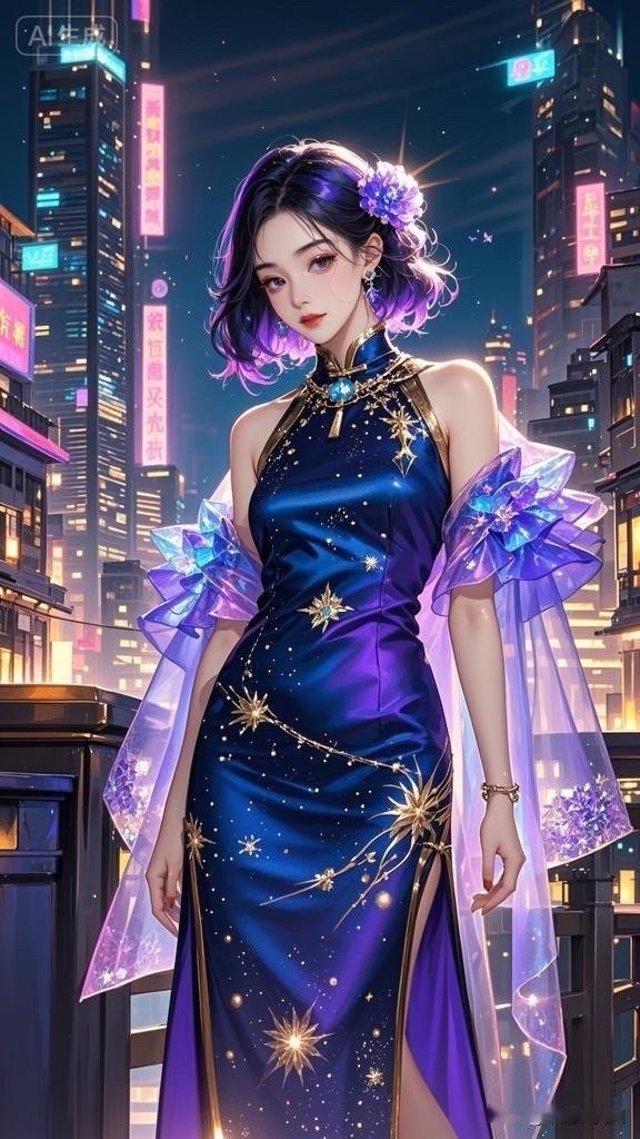 梦幻古风少女，手持花伞，星河璀璨，唯美动人。