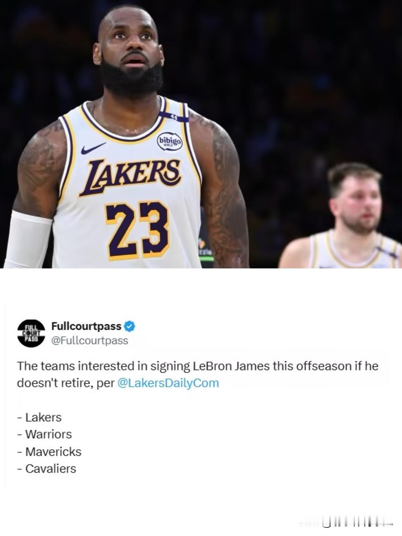 据湖人本地媒体《湖人日报》消息人士透露，若詹姆斯打完本赛季之后不悄然退役，其第2