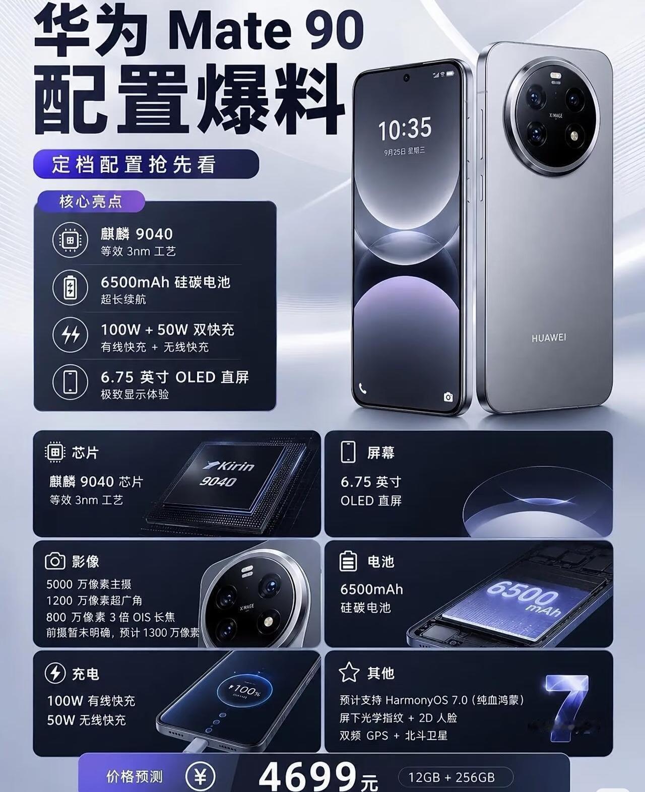 华为Mate90配置爆料出炉12GB+256GB版本预计售价4699元
