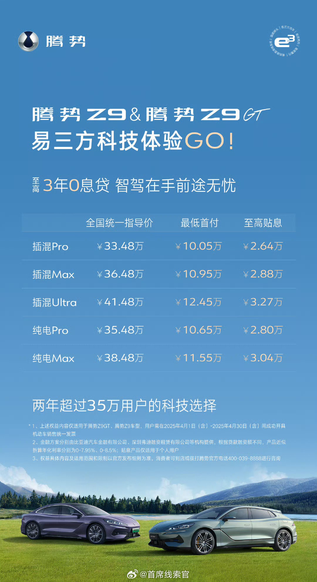 腾势Z9和腾势Z9GT推出了3年0息政策。腾势z9gt腾势z9
