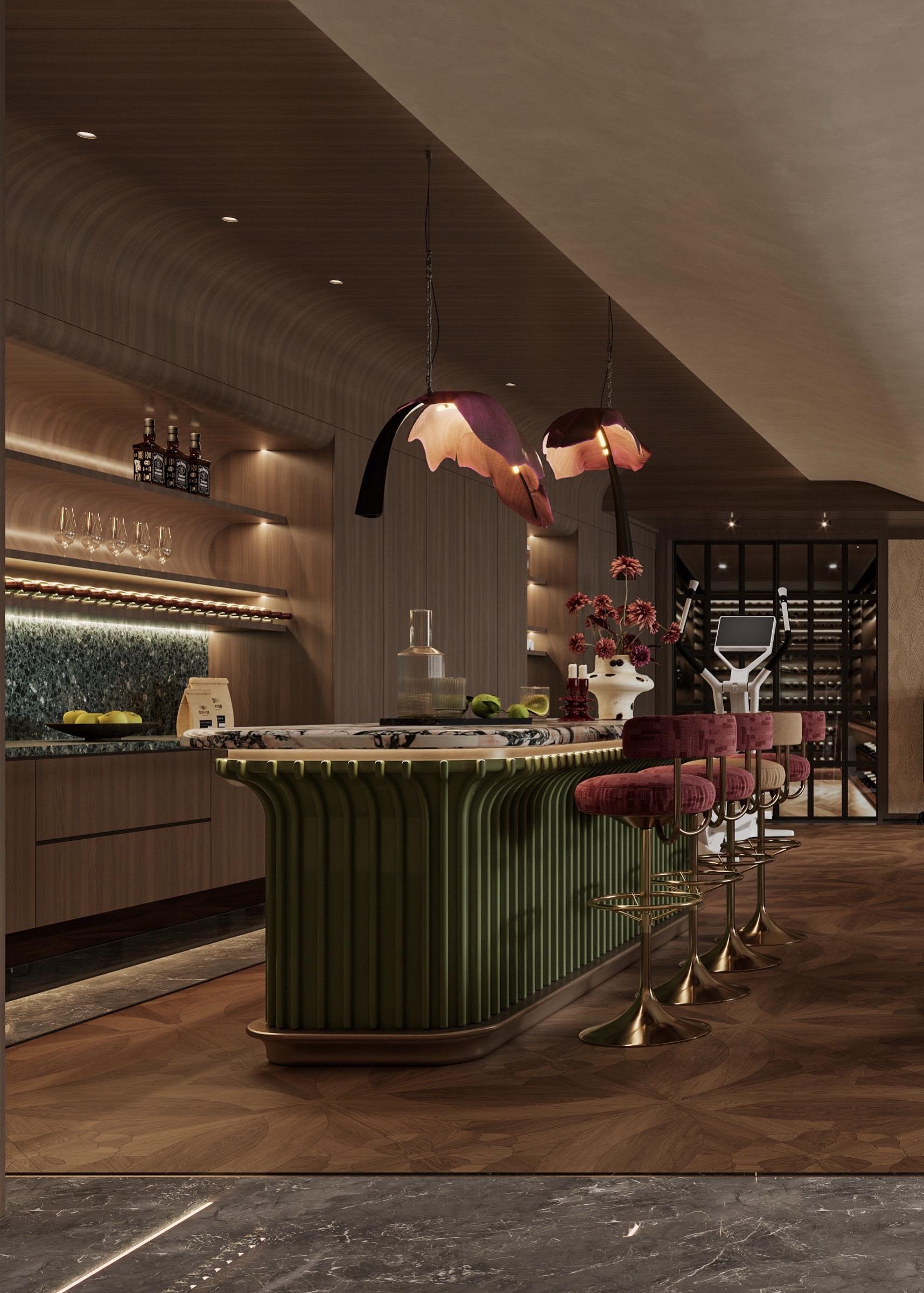 昆明端头别墅地下室，把老钱风刻进细节里。昆明900㎡端头别墅设计 一侧...