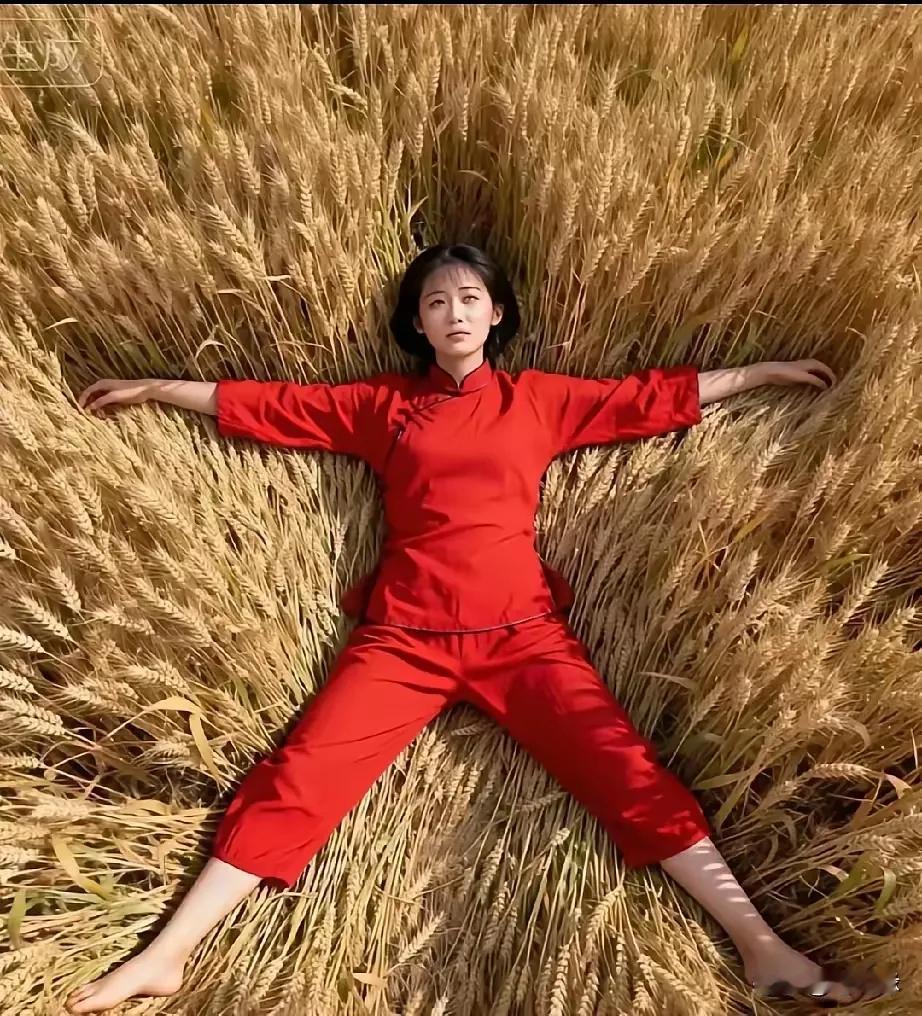 红衣女子太奇葩平躺麦田不怕扎不知她要表达啥人在红尘我老大？