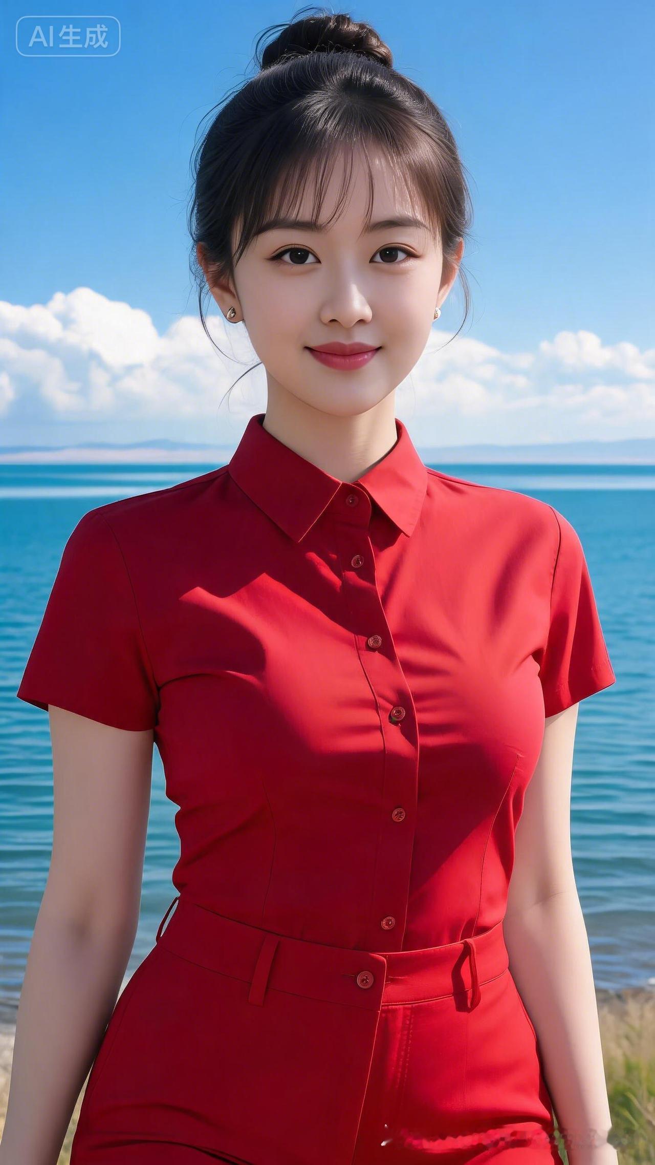 这位小姐姐穿着红色连衣裙，站在海边。