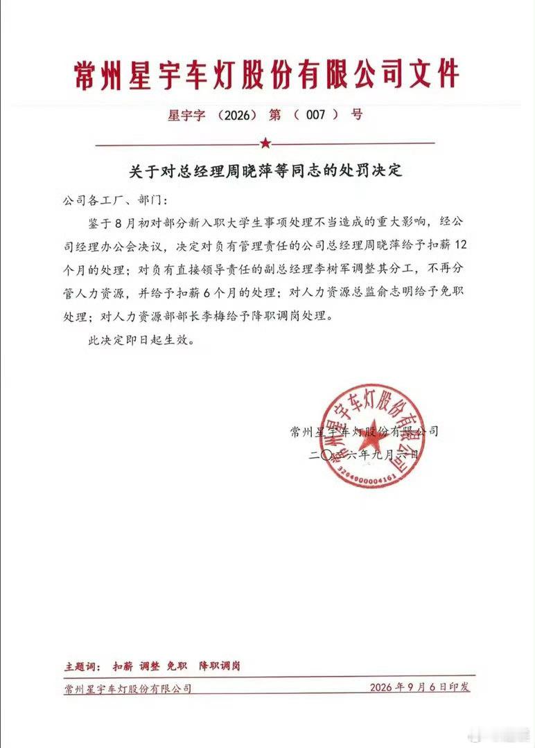 #星宇车灯处罚公告#总结一下处理结果：总经理周晓萍：扣薪12个月副总经理李树军：不再分管人力资源，扣