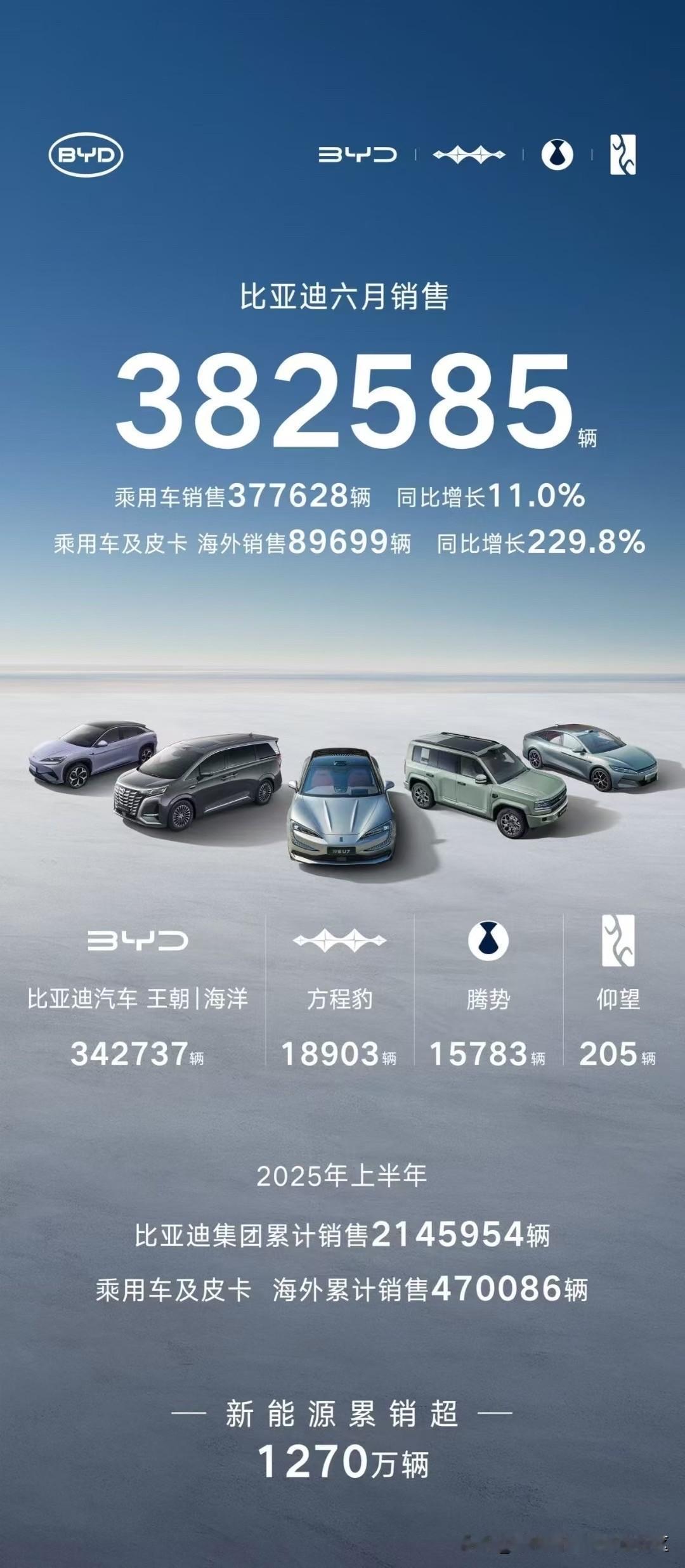7月1日公布2025年6月销量的新能源车企[思考]-比亚迪：新能源乘用车共计3