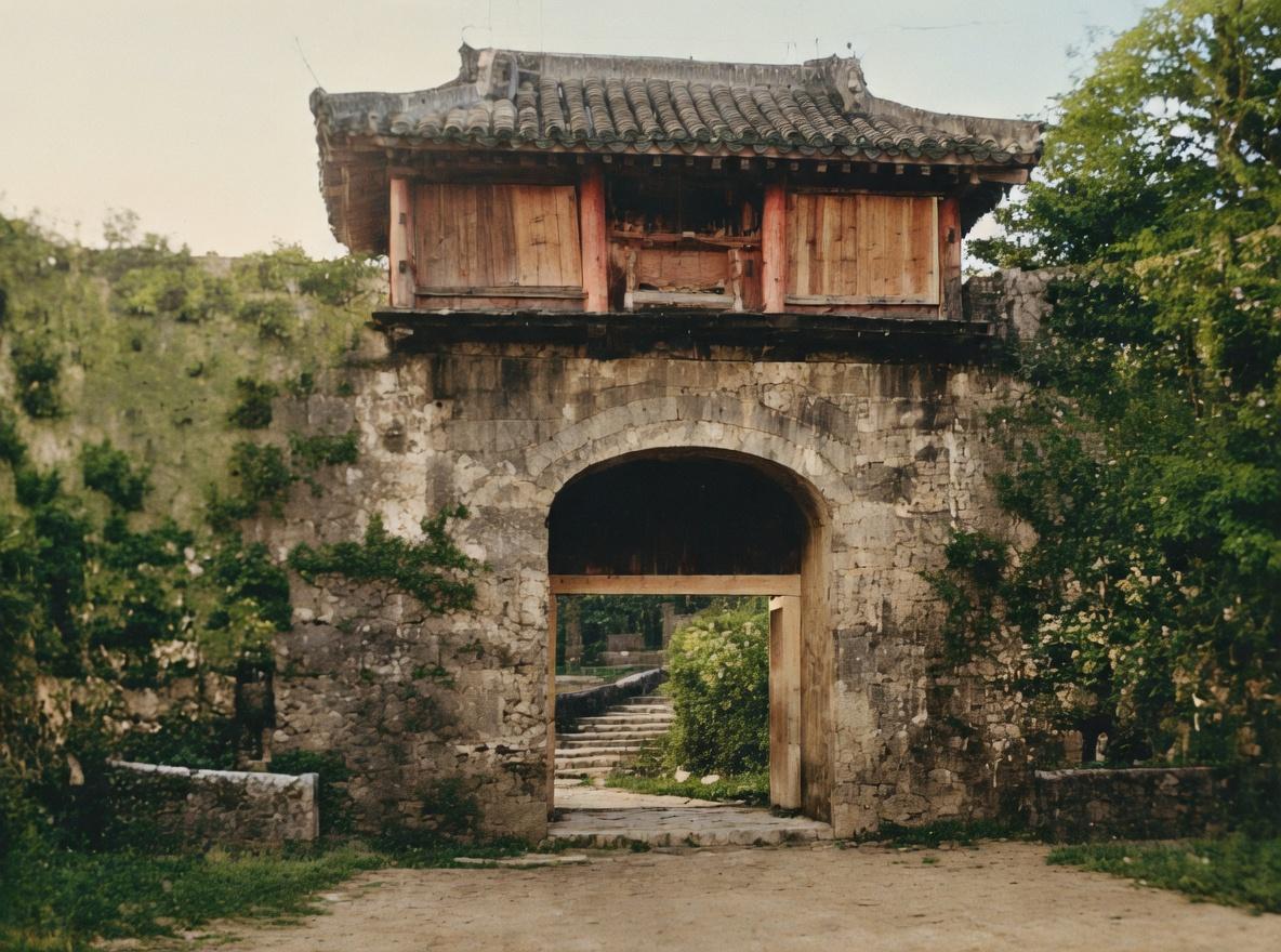 1930年，日本冲绳那霸市首里城城门，首里城厚重的石砌城墙，以琉球当地的珊瑚石、