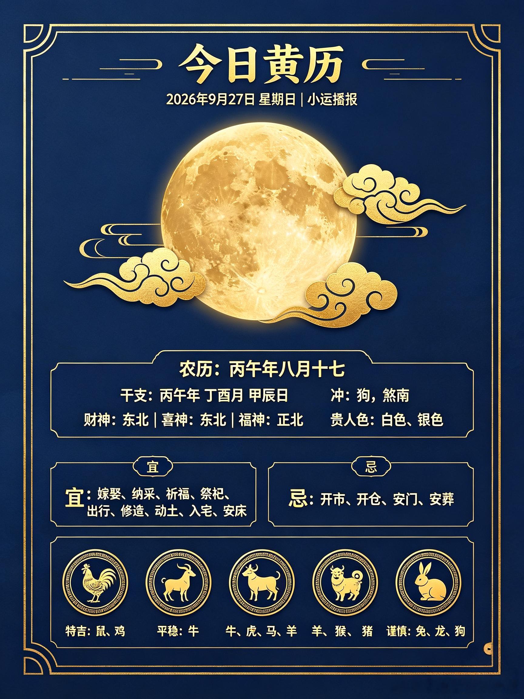 ✨小运播报｜2026年9月27日星期日农历：丙午年八月十七｜丁酉月甲辰日?