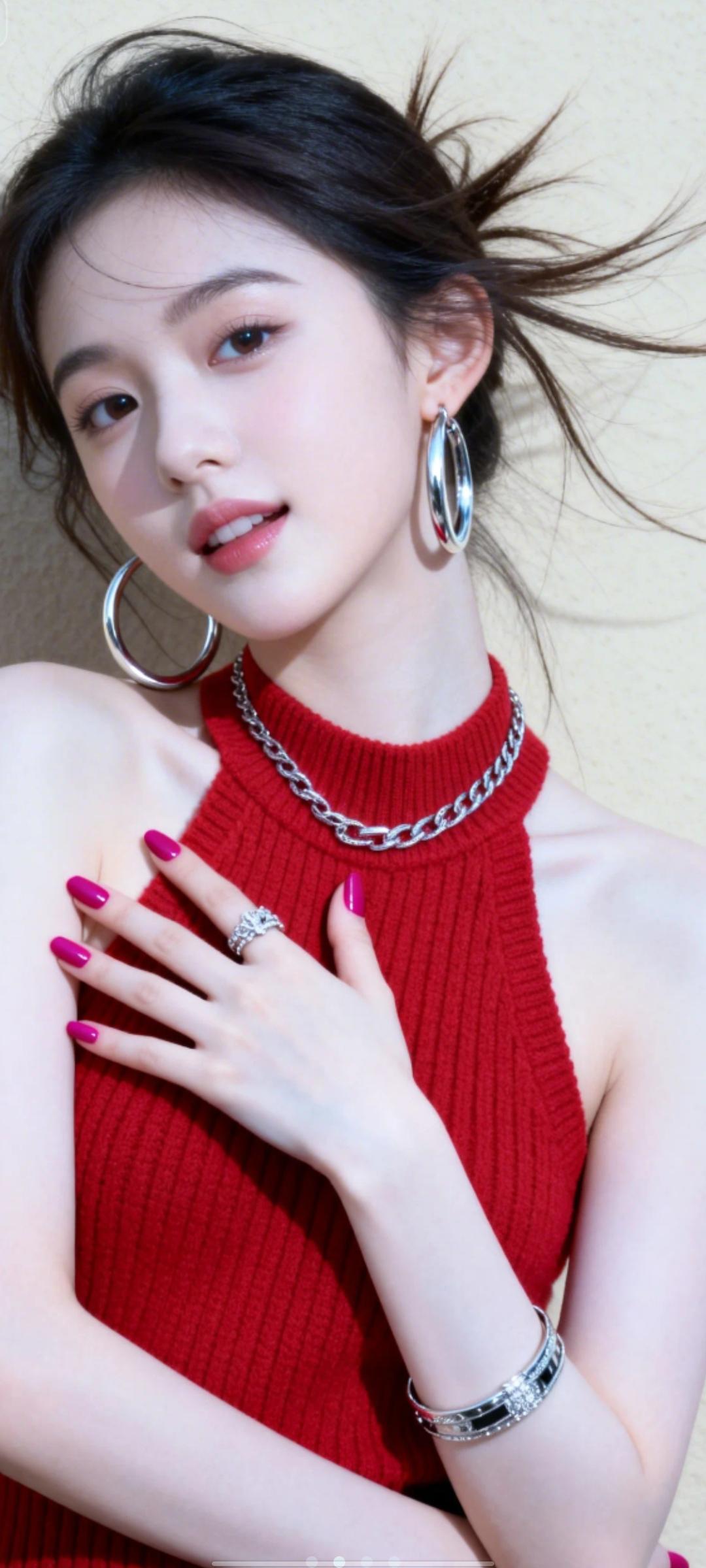 红色毛衣搭配银色饰品，优雅又时尚！