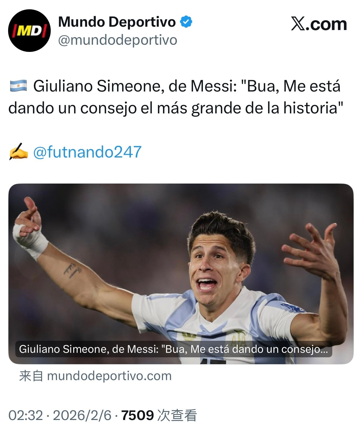 💬朱利亚诺·西蒙尼（GiulianoSimeone）谈到梅西时说：“哇，史上