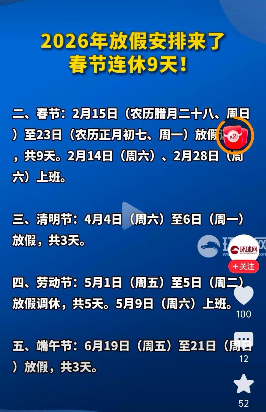 春节放假9天固然好，但是不如放到元宵节后上班更好！今年过年放假9天，最主要的是和