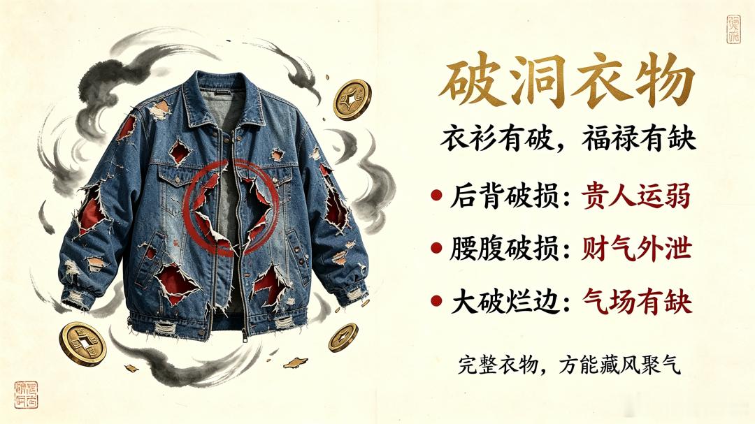 破洞衣物不穿，风水上有讲究风水核心讲究“藏风聚气”。人体周身环绕着自身元气、福气与财气，完整整洁的衣