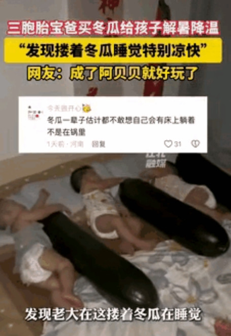 “真是奇思妙想啊！”辽宁有一男子花82元买了3个大冬瓜，给自家的三胞胎儿子充当“