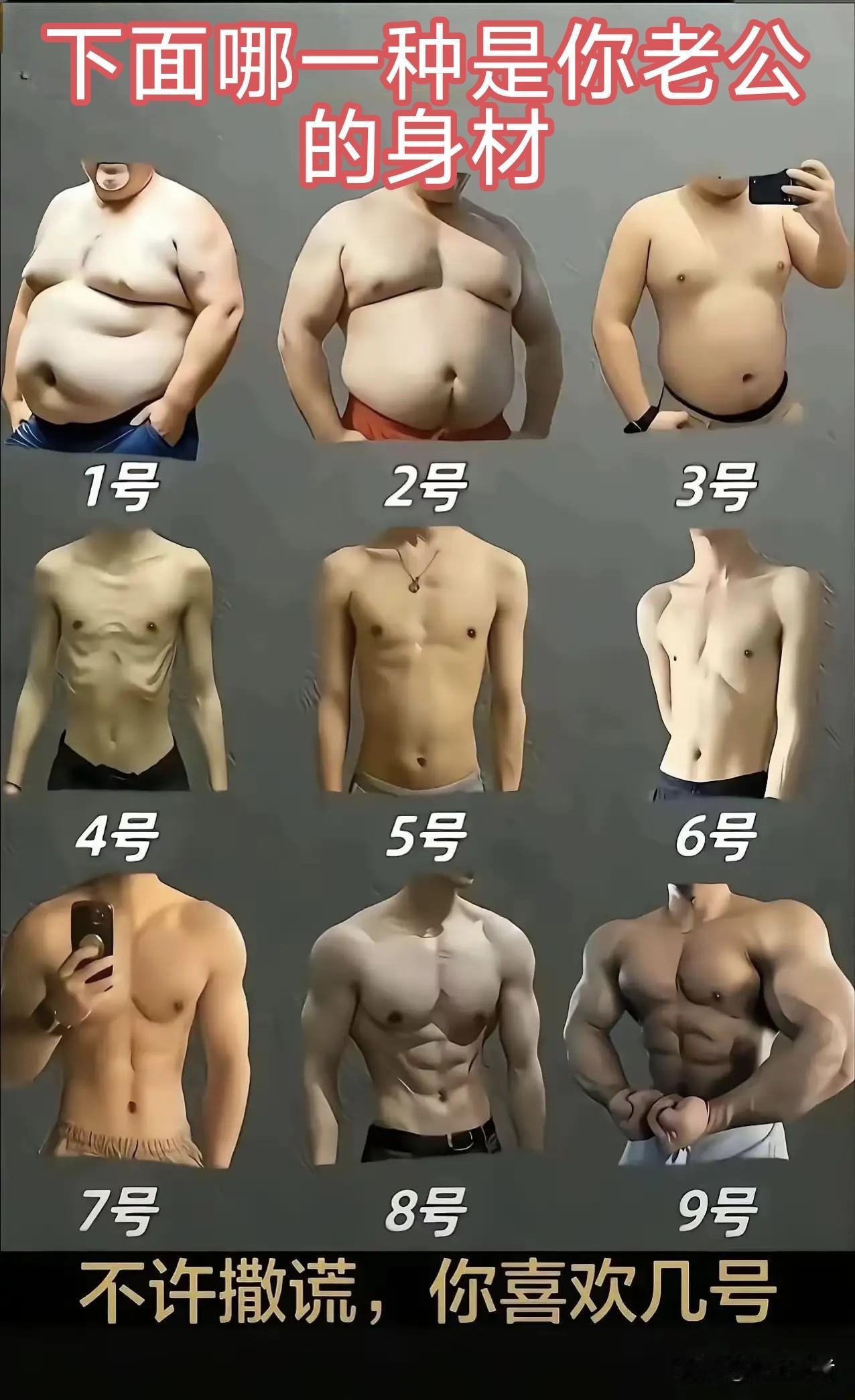 妇女同胞们:下面哪一种身材是你老公或者男朋友的身材？不许撒谎！你最喜欢的是几号身