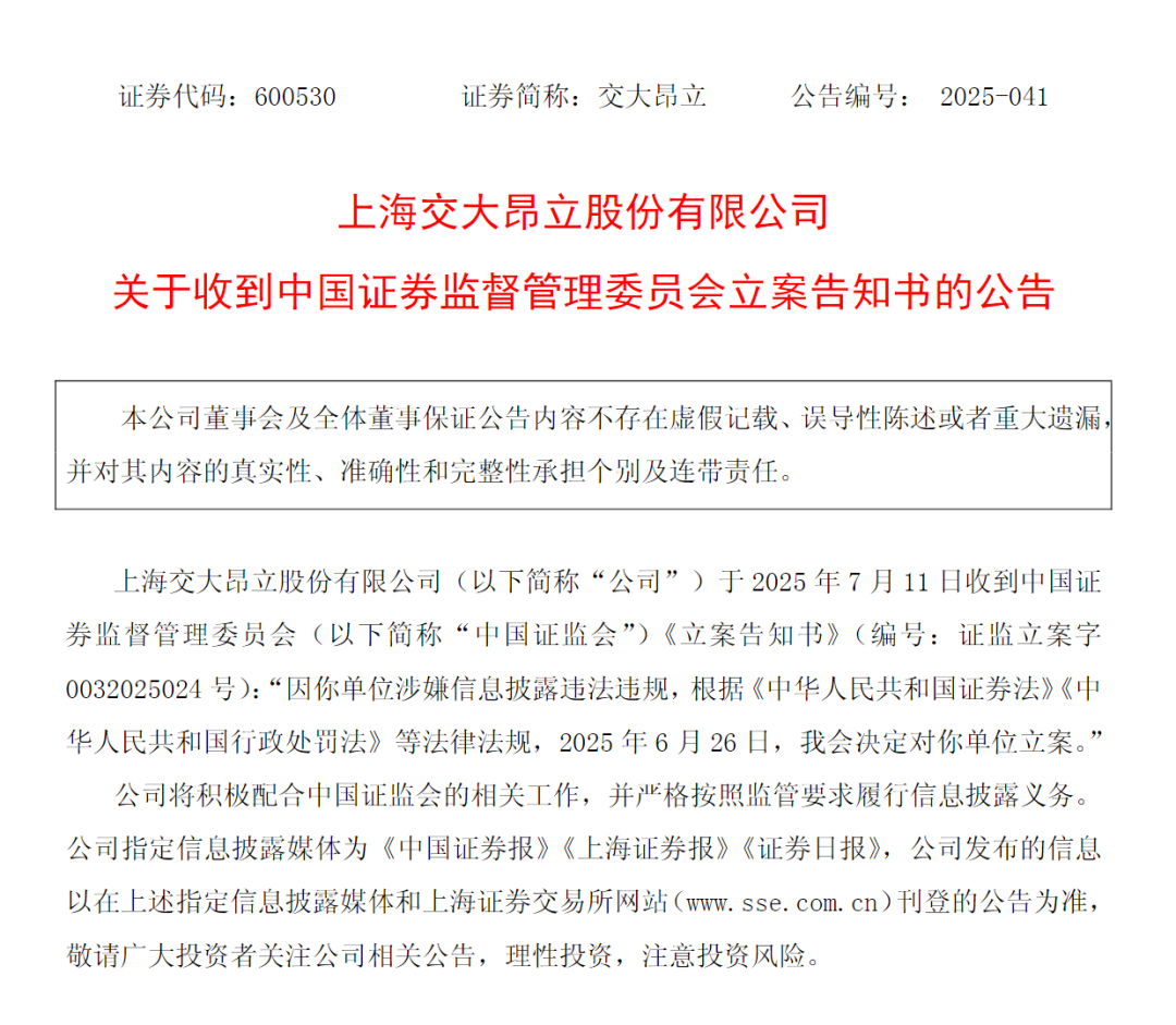 600530, 被证监会立案