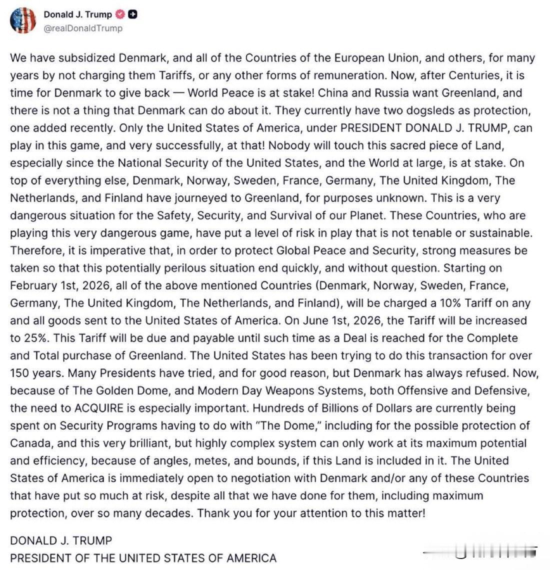 快讯：美国总统特朗普宣布——自2026年2月1日起,将对丹麦、挪威、瑞典