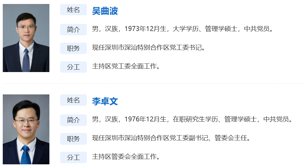 深汕特别合作区领导班子调整: 李卓文任管委会主任, 多位党工委委员履新
