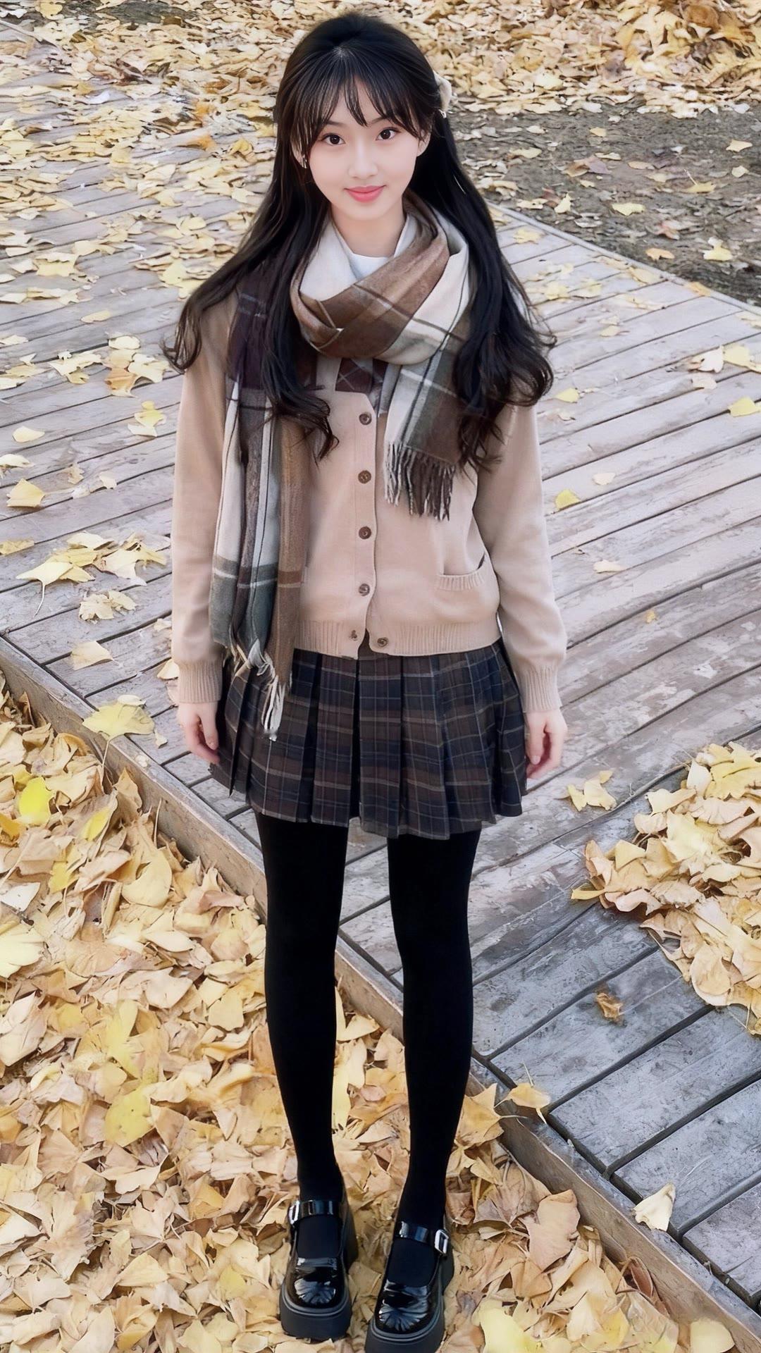 秋日穿搭指南：复古格子裙+米色毛衣+格子围巾，温暖又时尚！