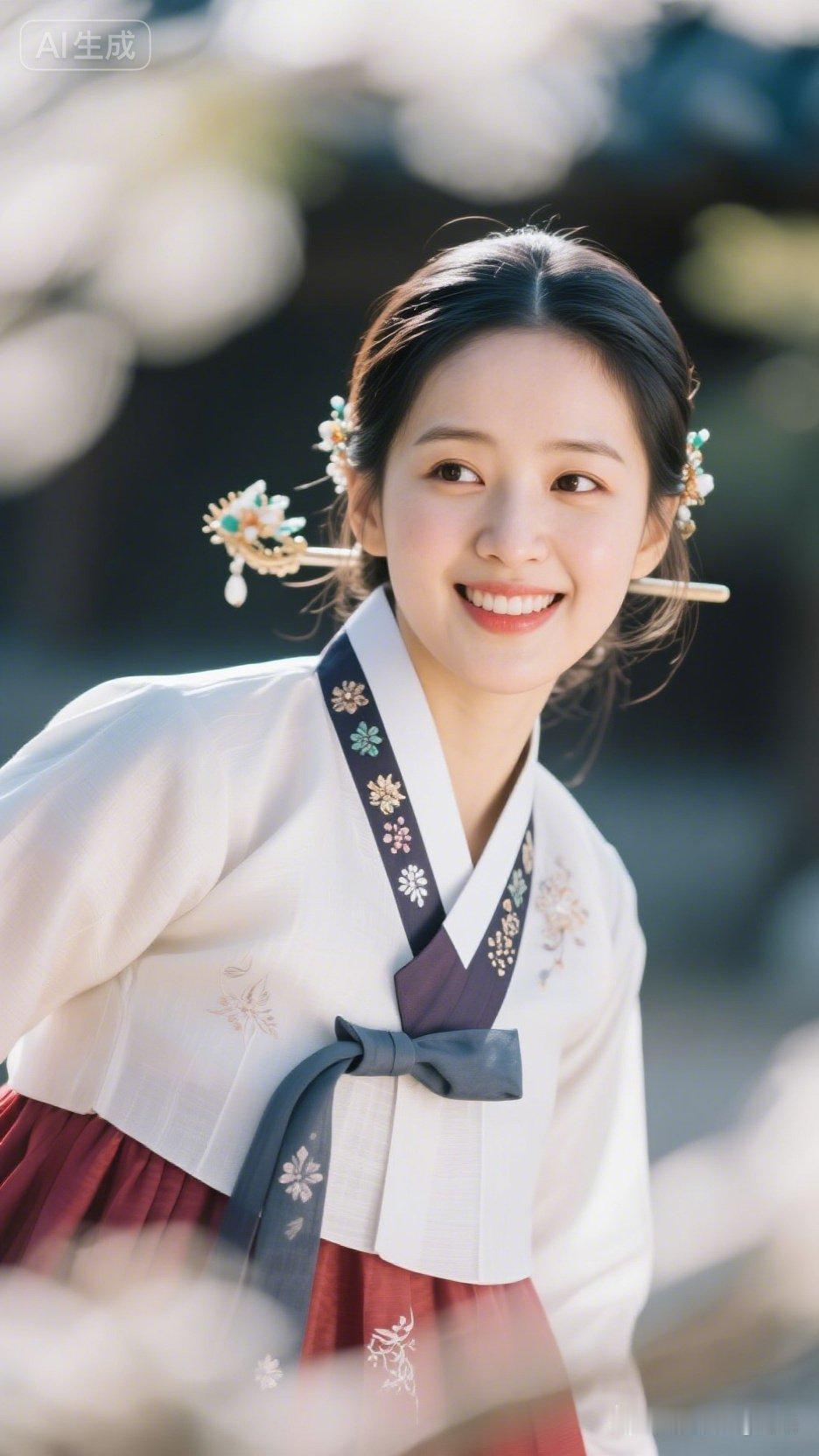 温柔韩服少女，花海中的微笑！