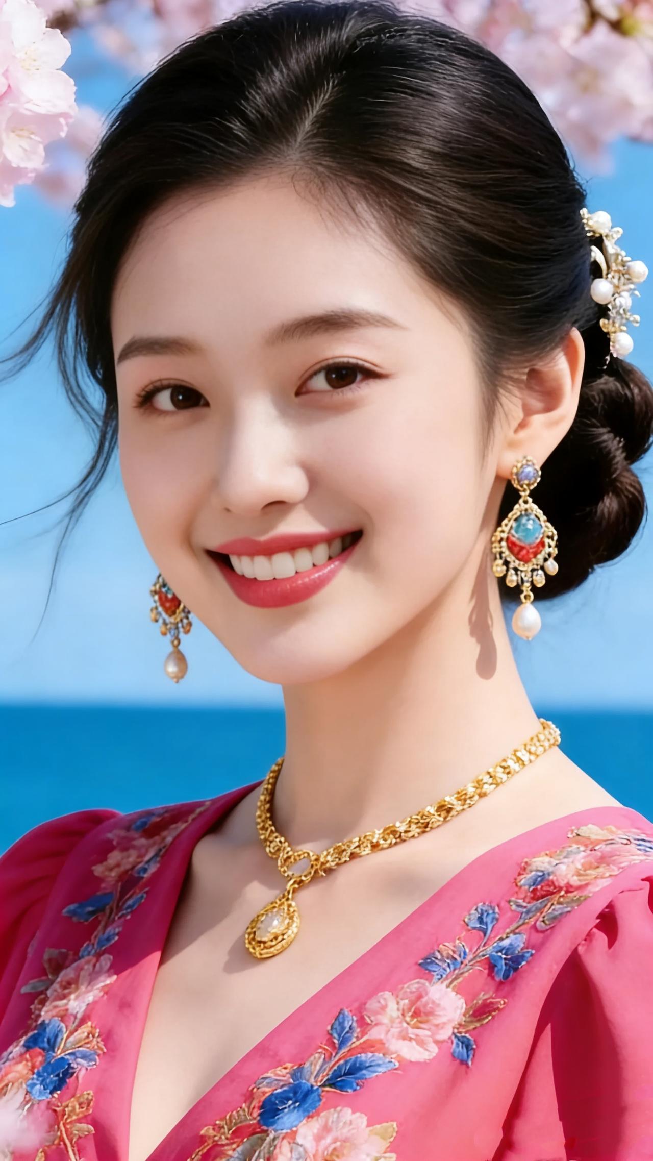 《春樱海风里的明笑》海风裹着樱花瓣擦过发梢时，她的笑意先漫进了眼底。