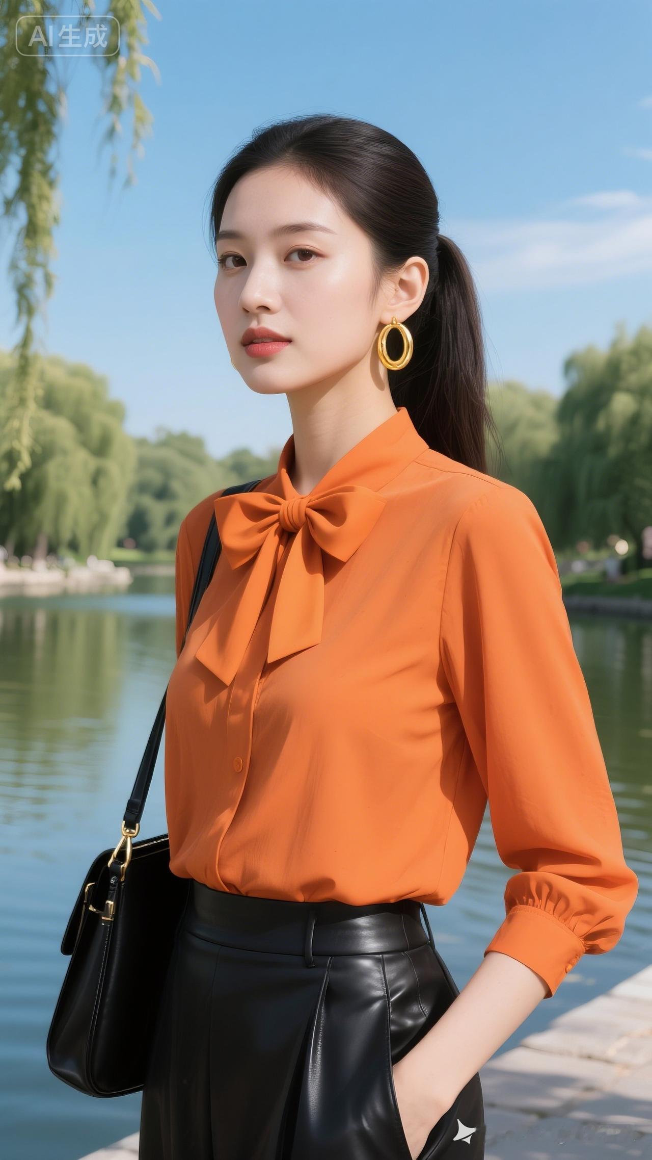 元气少女穿搭指南：橙色衬衫+黑色皮裙，时尚又减龄！