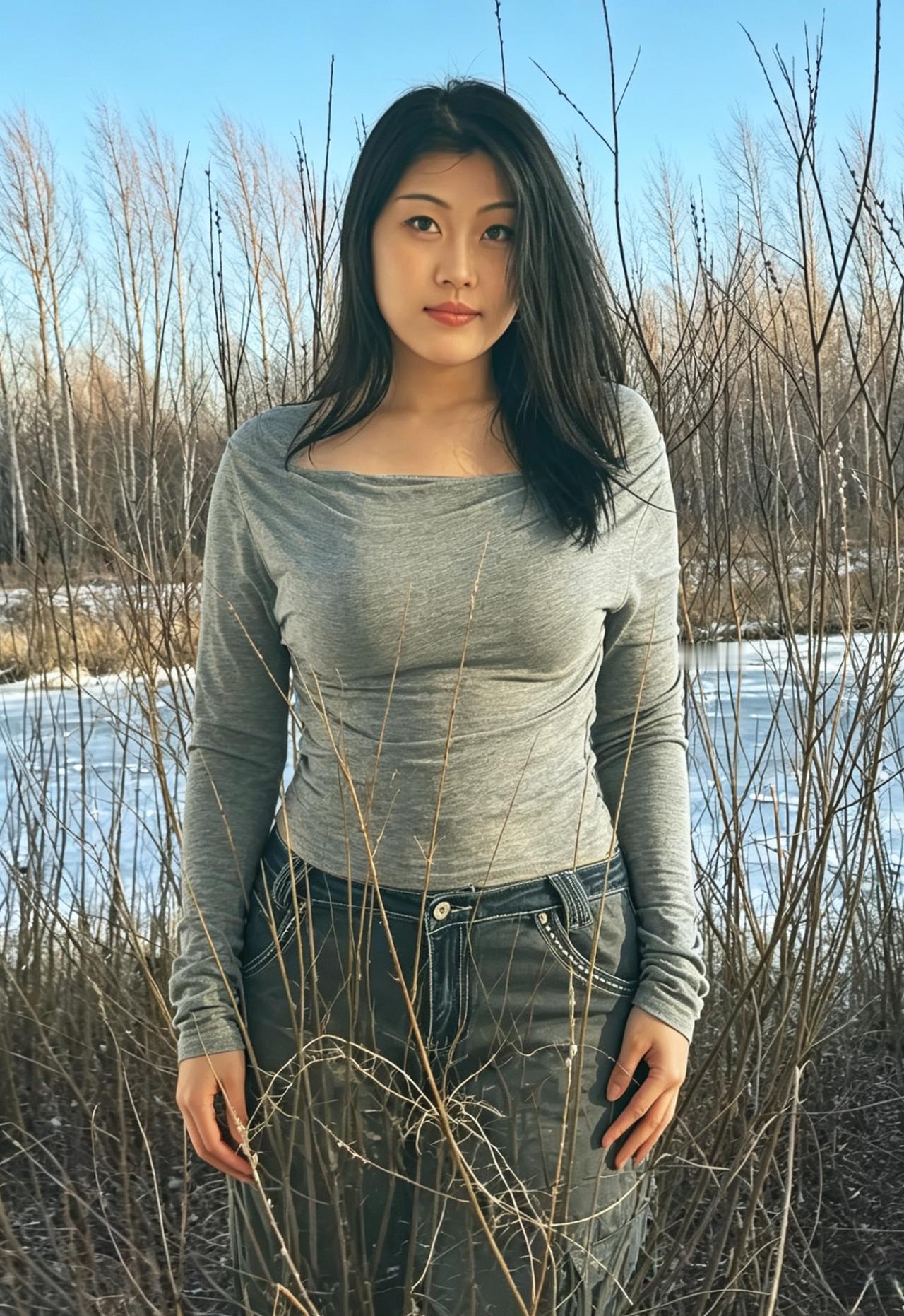 银柳初芽缀野津，清眸含韵自天真。闲庭信步烟光里，不施粉黛也动人。