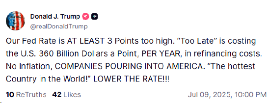 特朗普: 美联储利率至少高了3个百分点