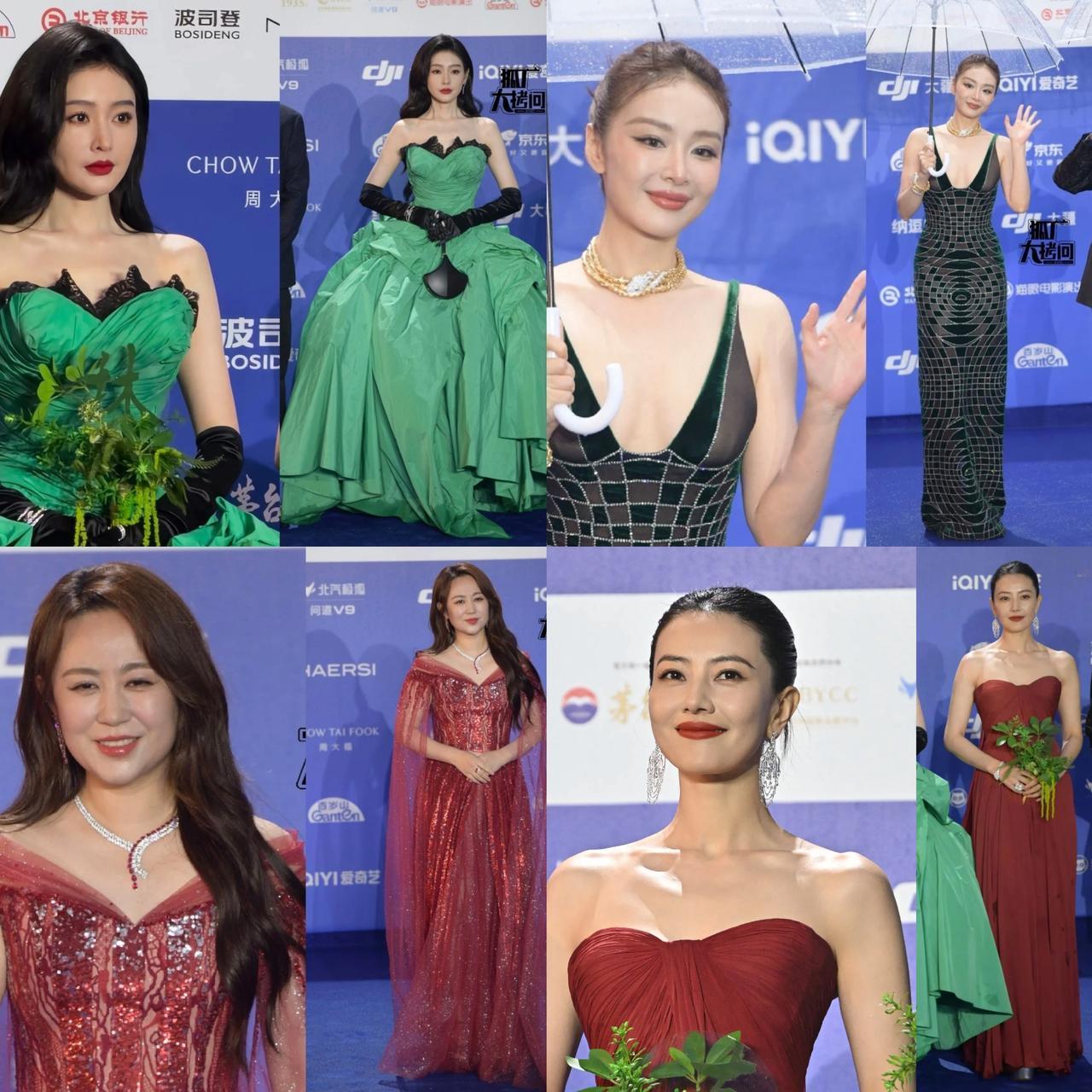 能说这四位中年女星是花红柳绿吗？马丽啊，怎么裙子像一条红长尾金鱼。张天爱大裙绿