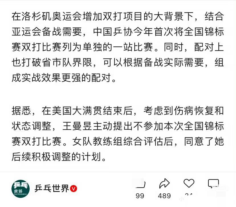 乒乓世界发文说明王曼昱不参加全锦赛的原因：伤病恢复，状态调整！王曼昱休息调整，