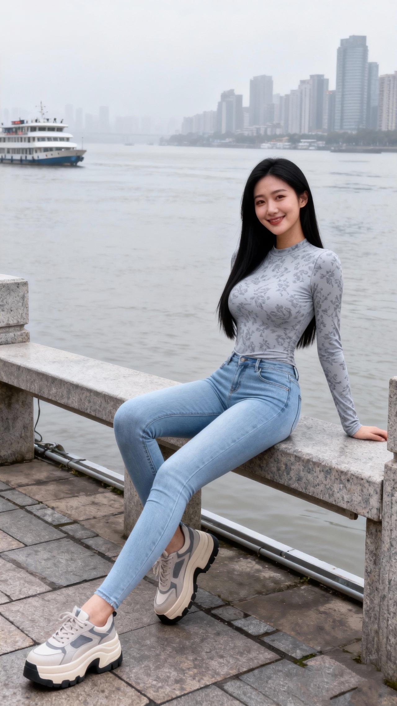 《江畔倩影》江雾轻笼岸边长，石栏斜倚鬓丝扬。笑眸映水摇清浪，一城烟色