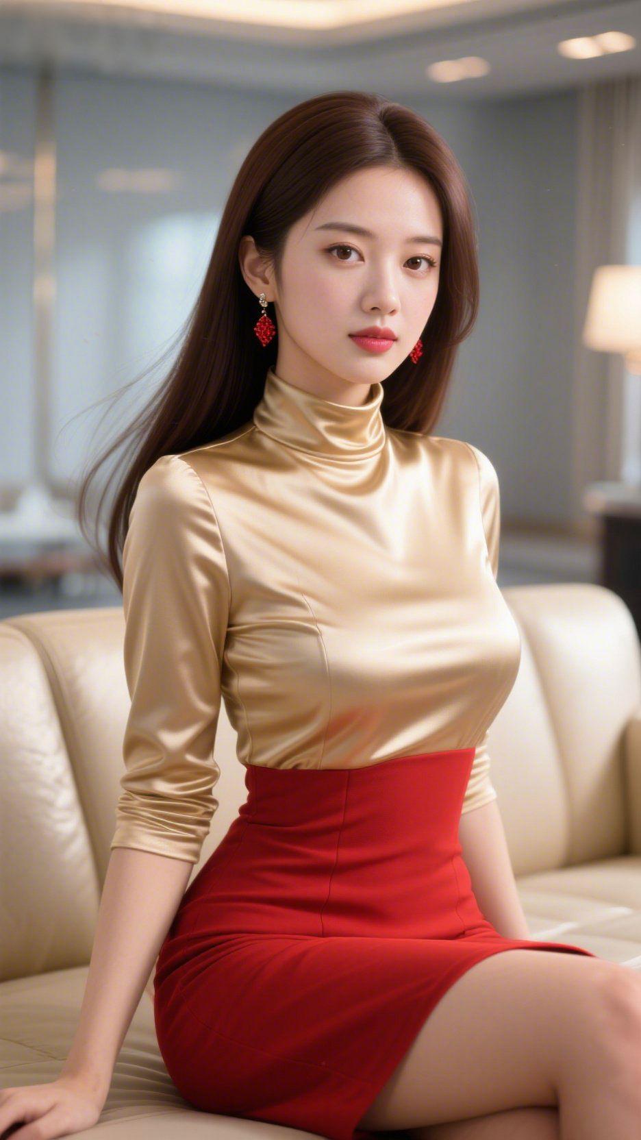 金红衬柔缓浅调空间里，她身上的金缎衣像揉碎的日光，裹着温软的亮；正红裙装似