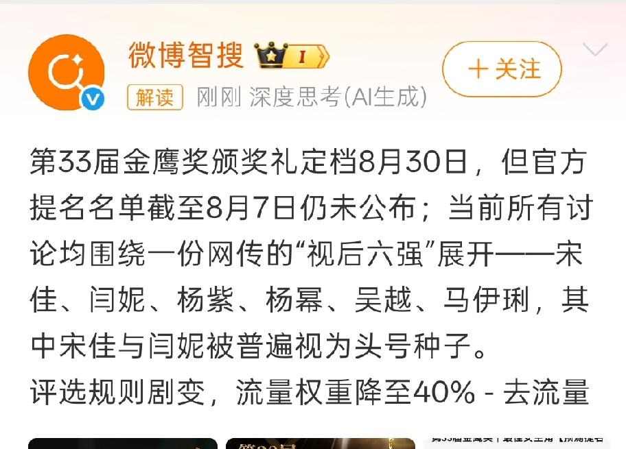 这届金鹰奖这么难吗？之前说提名名单在7月底公布，后来又说8月6日下午5点公布，大