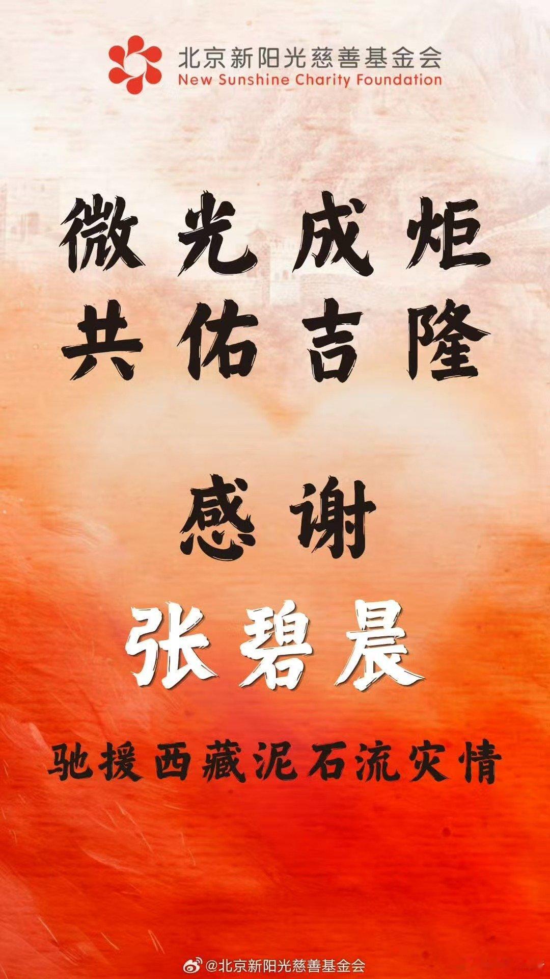 张碧晨驰援西藏 向西藏灾区捐款 50 万元，为受灾群众送去一份支援。公益从不是一