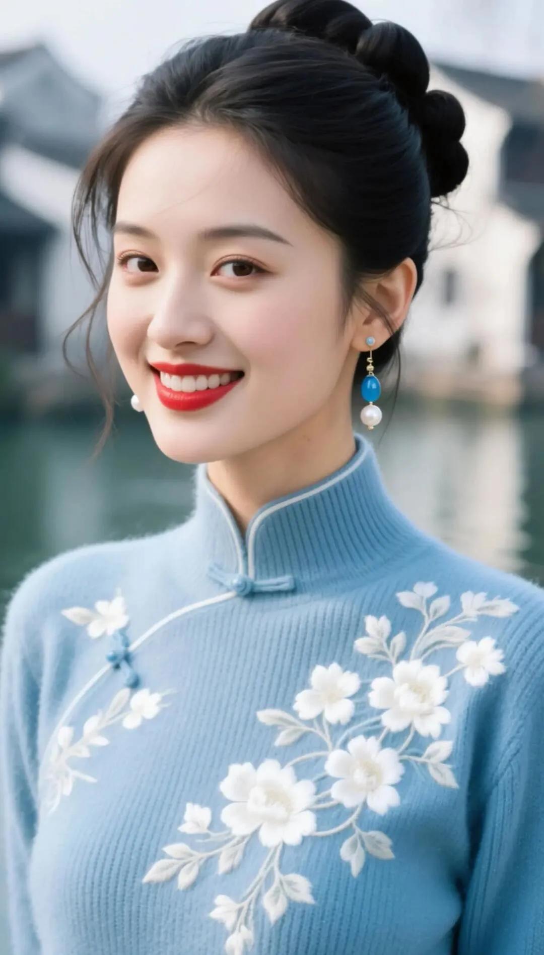 温婉优雅的蓝花旗袍，搭配精致的耳饰，尽显古典韵味。