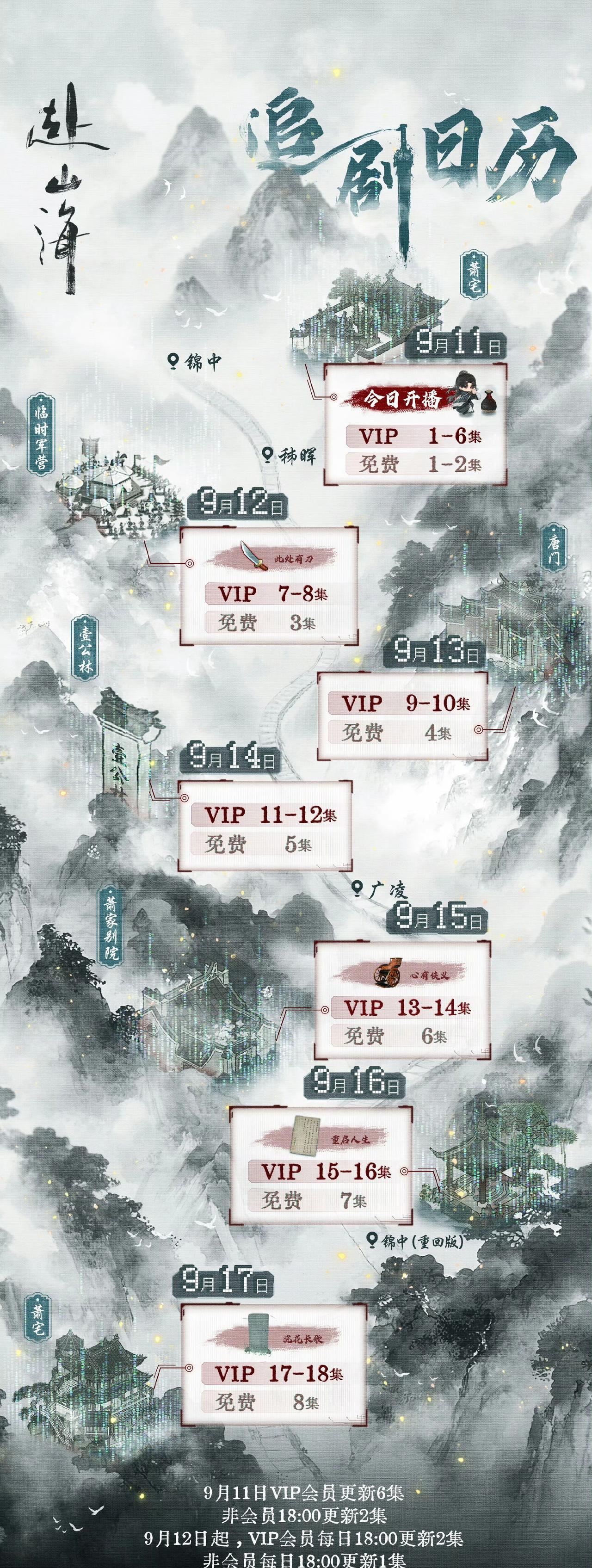 《赴山海》追剧日历9月11日晚6点开播腾讯、爱奇艺均可观看，会员可看6集，非