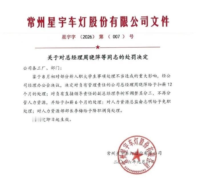 星宇股份发了处罚公告了，其中，总经理周晓萍被给予扣薪12个月处理，副总经理李树军