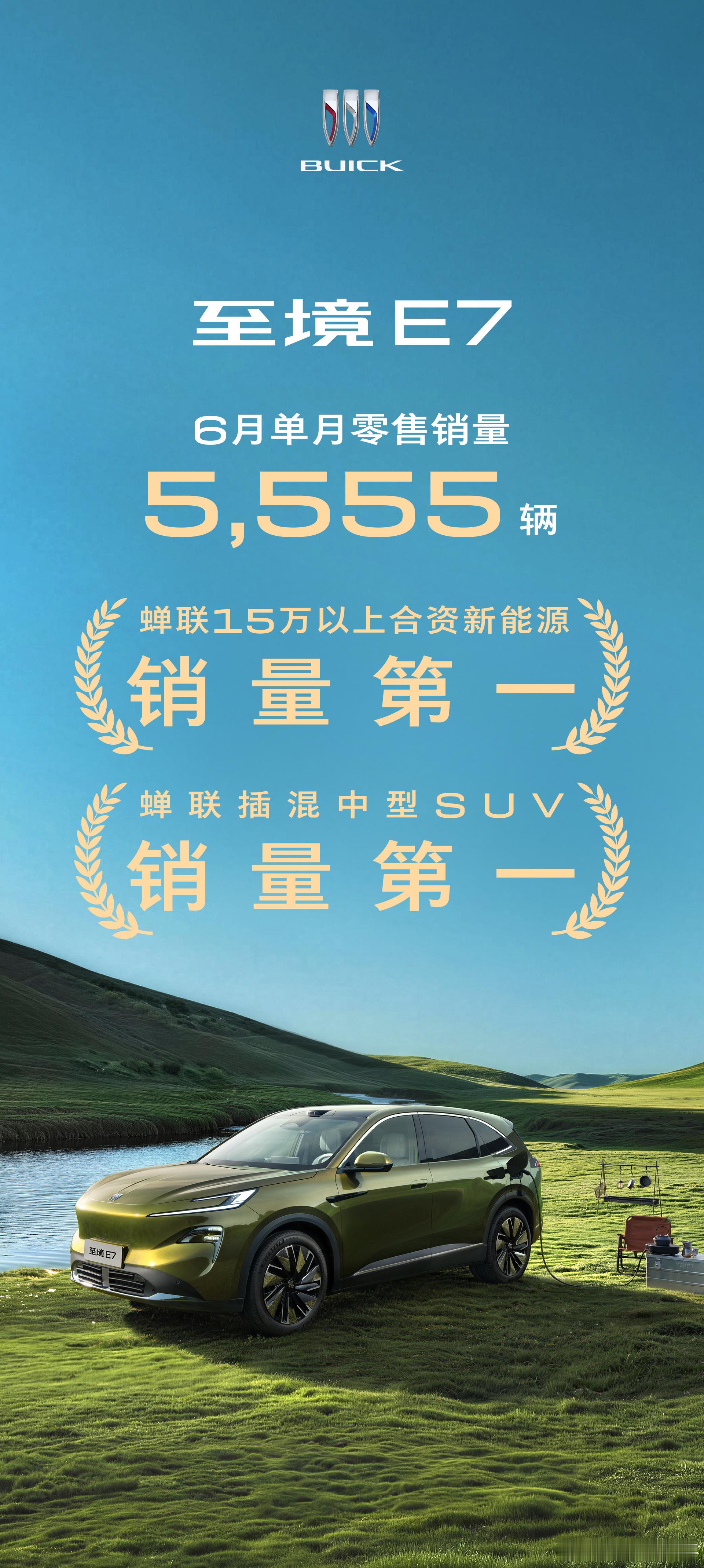 别克至境E7 6月销量公布，以5,555台的成绩，蝉联15万以上合资新...