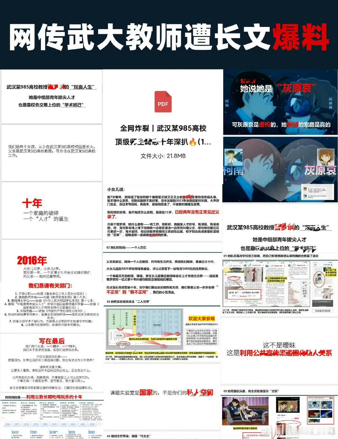 卧槽，网传武大教师遭长文爆料大瓜🍉高校教授女儿的女孩。#网传武大教师遭长文爆料#发布了86页PDF