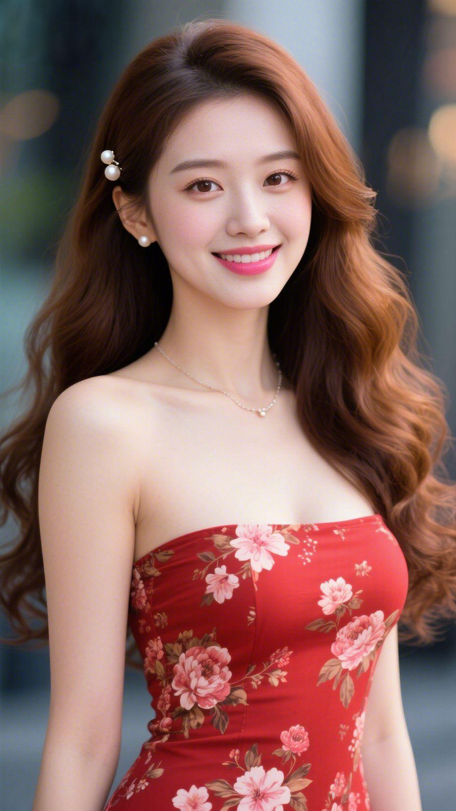 《红裙裹着晴光》风掠过檐角时，她站在轻影里抬眸。棕卷发梢沾着暖光，耳侧的珍