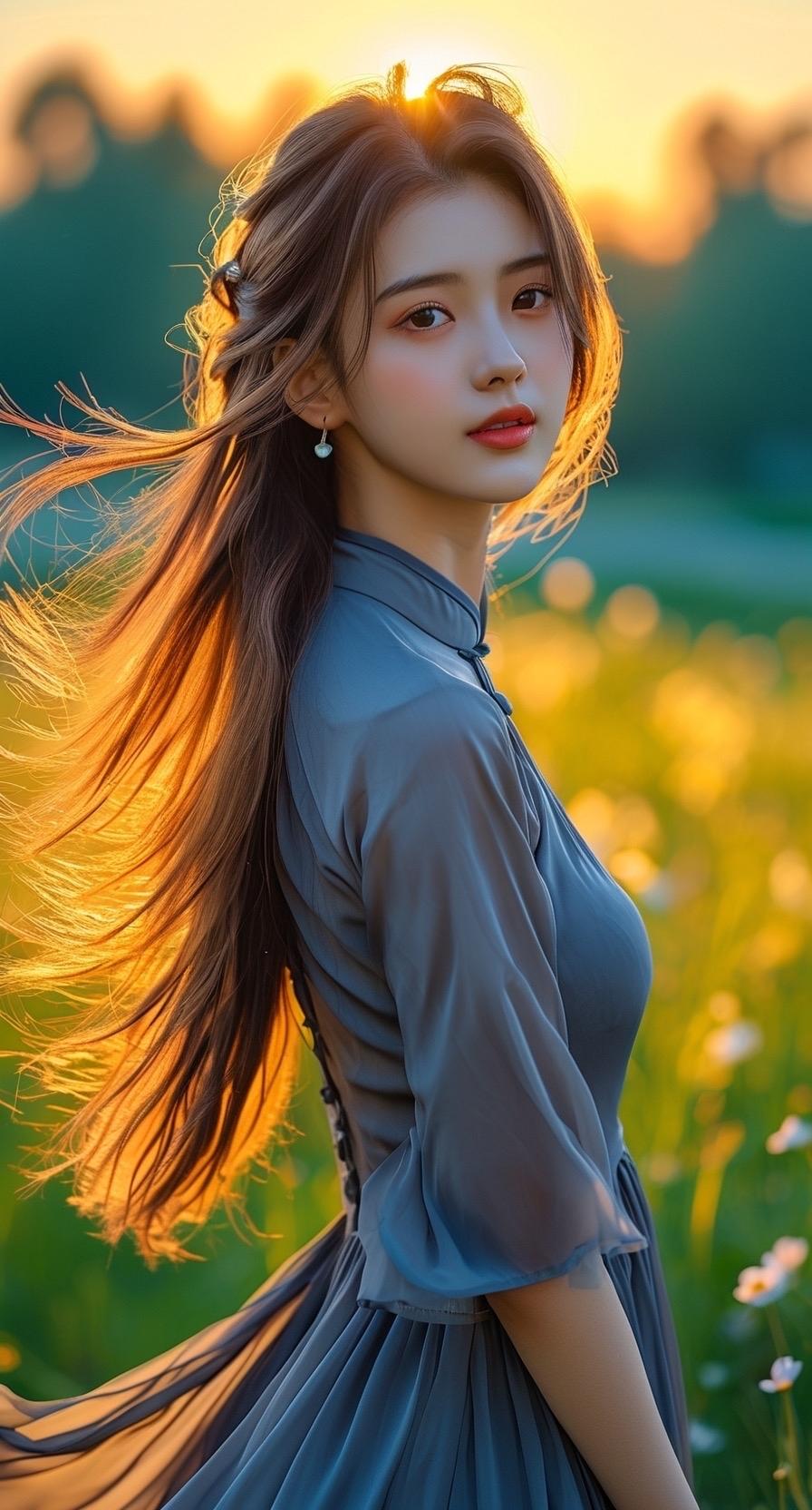 一眼AI，但确实做得不错！标准的美女，关键是逆光的光影，仿佛女孩子的每根发丝都