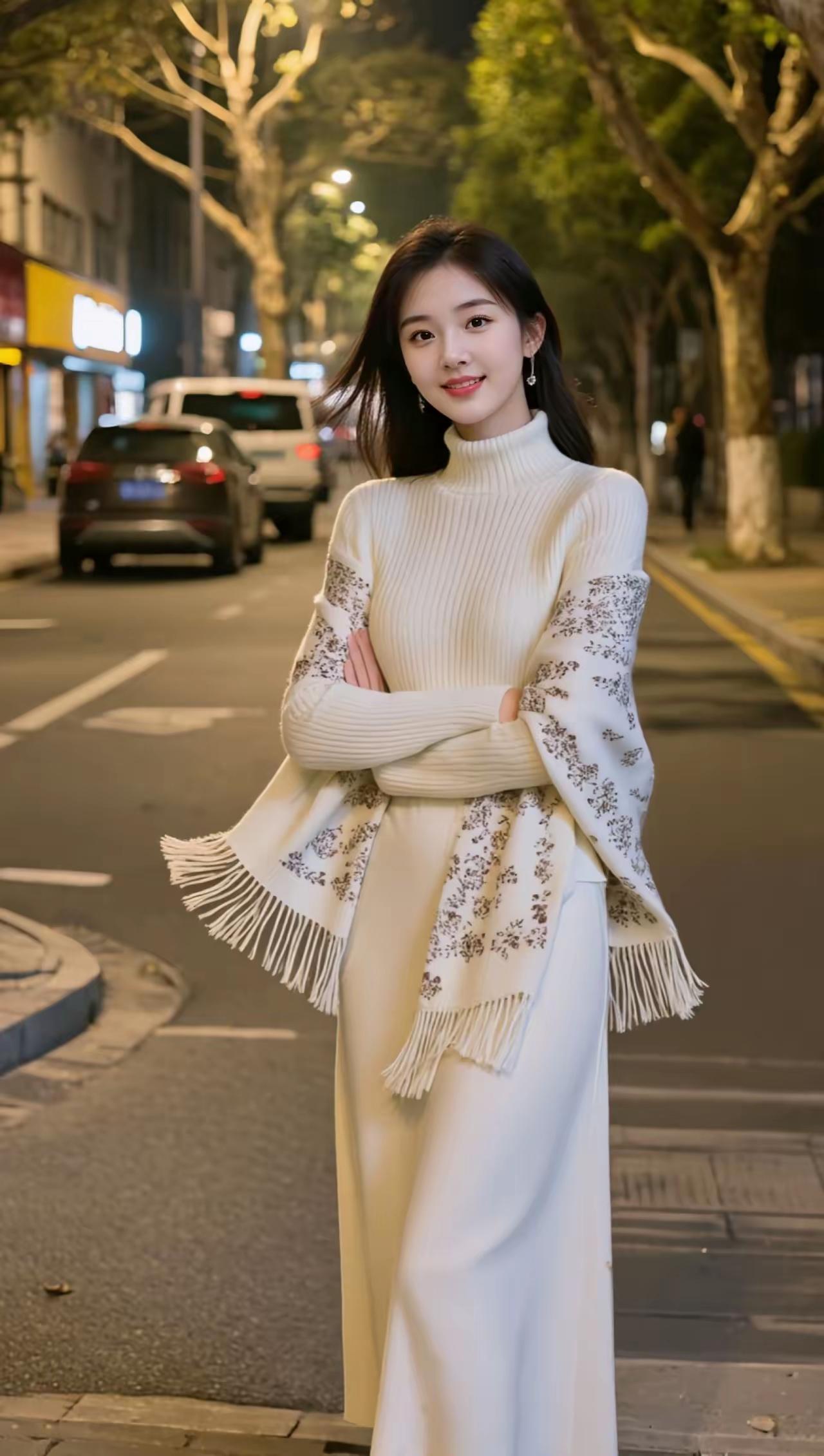 夜色温柔，漫步街头，优雅白裙与毛衣相得益彰，尽显都市女性魅力。