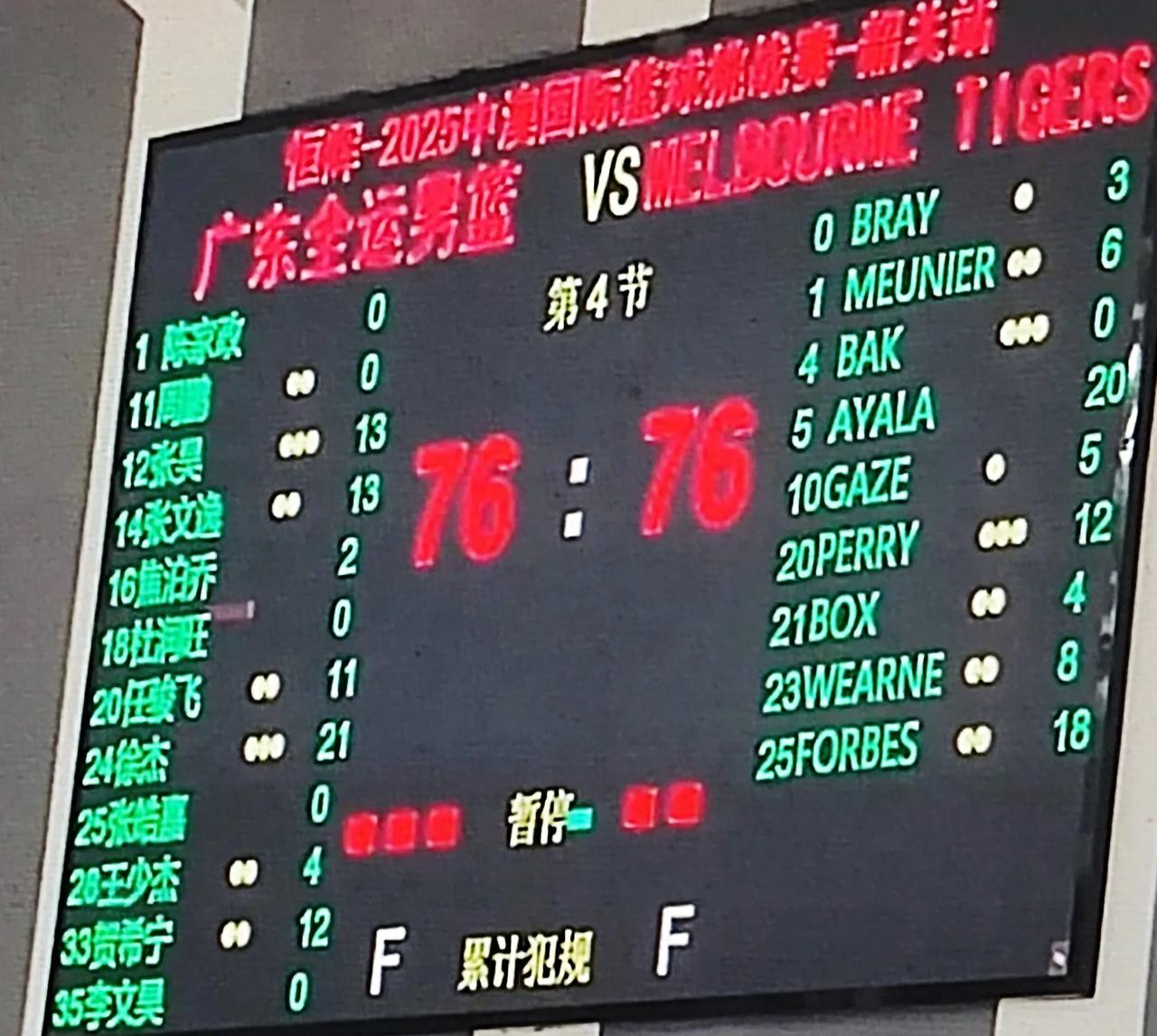 广东球迷的狂热度，令人莞尔。一场广东全运队对墨尔本老虎队比赛，76-76平分秋