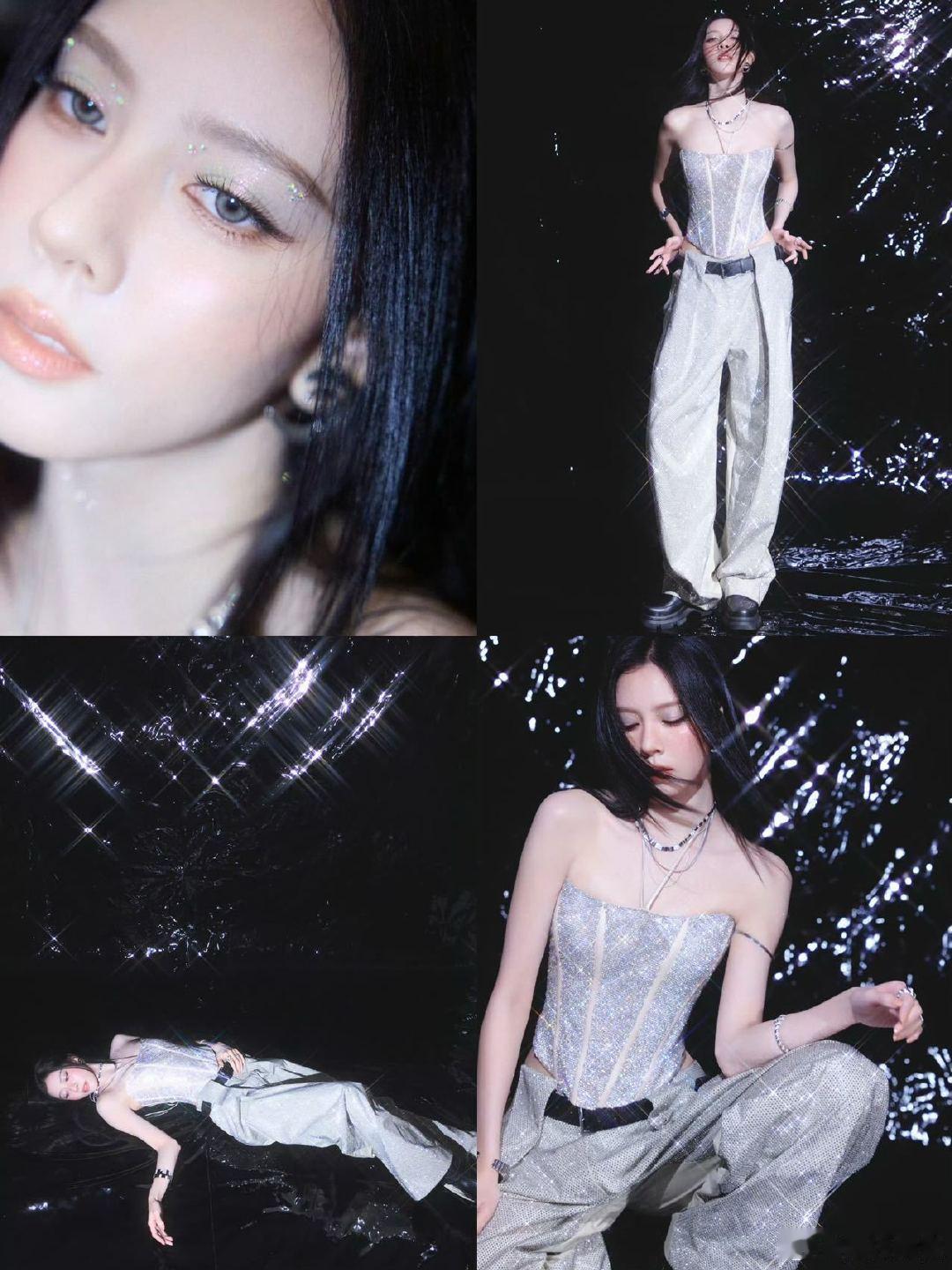 宋妍霏你闪到我了宋妍霏也太会闪了！银钻抹胸配闪钻阔腿裤如穿银河，金属项链+个性臂