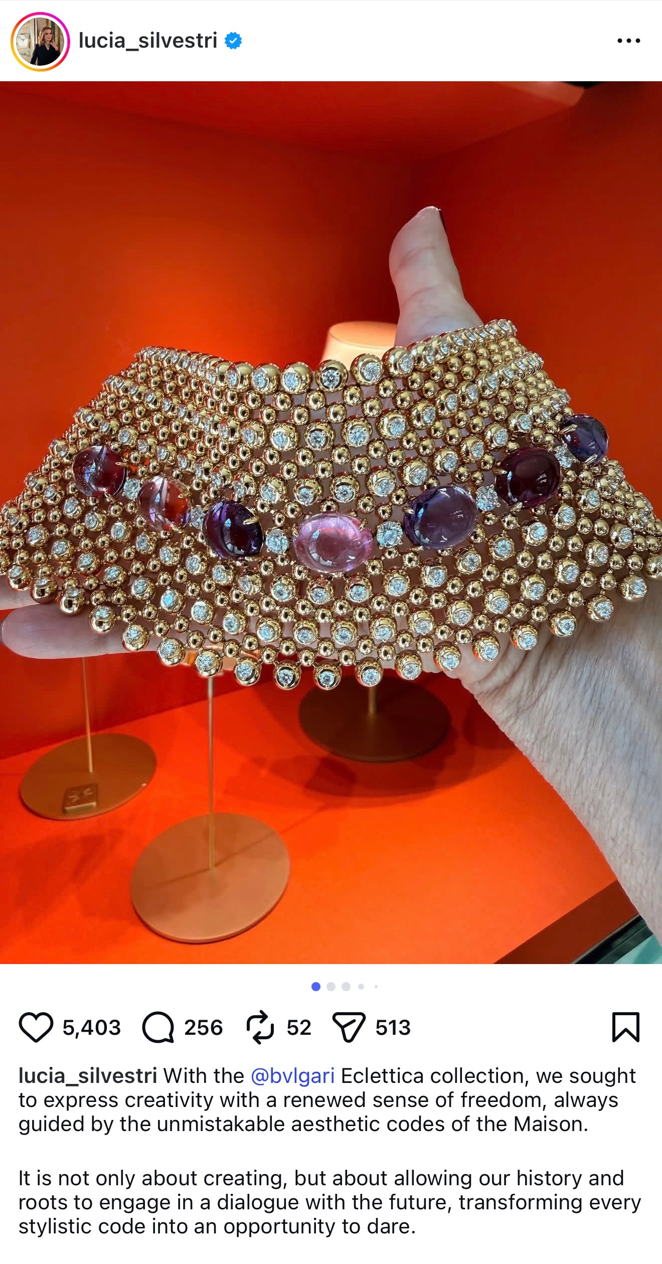 宝格丽珠宝创意总监LuciaSilvestri在自己Ins发布的Bvlgari