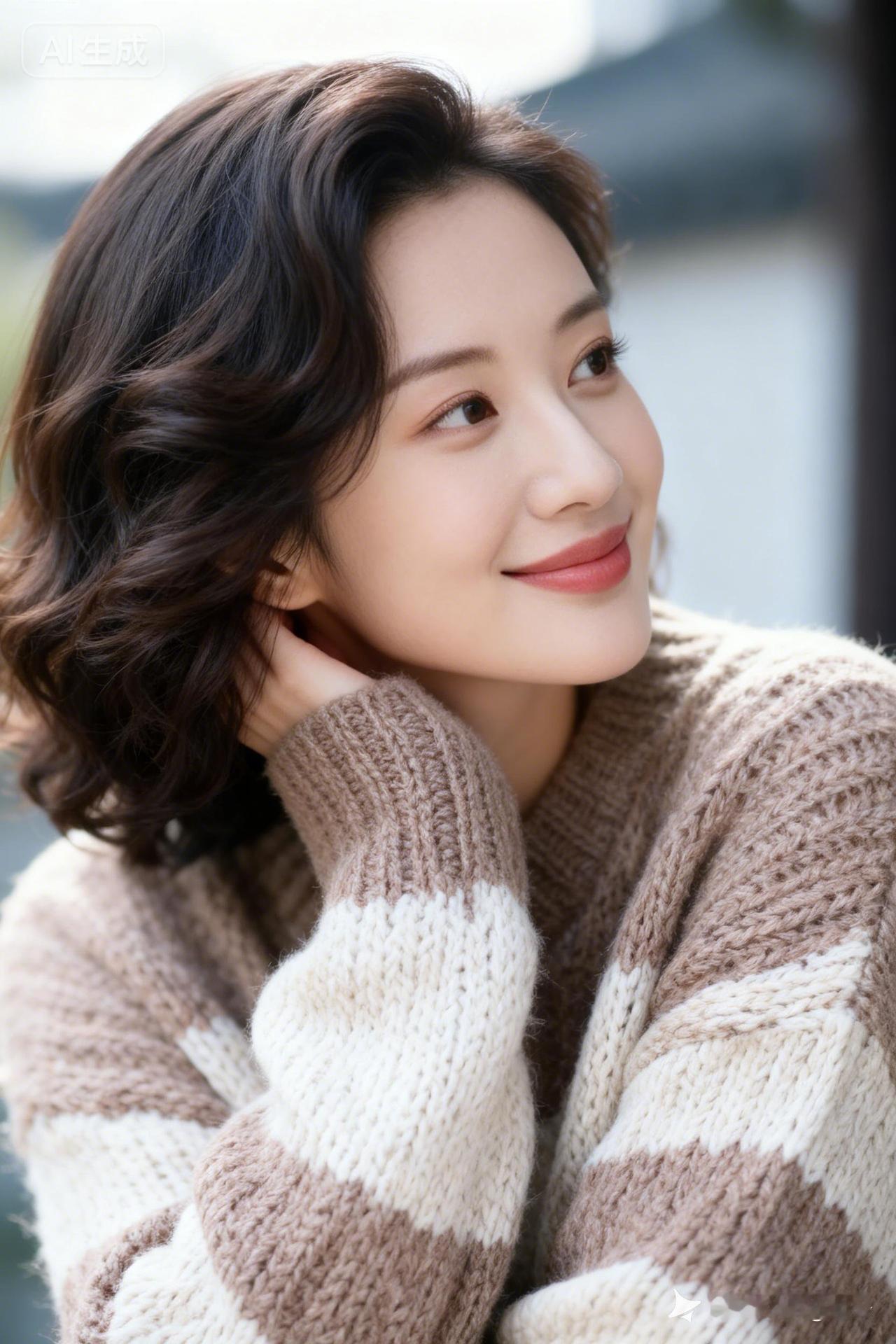 她穿着毛衣，微笑着看向远方。