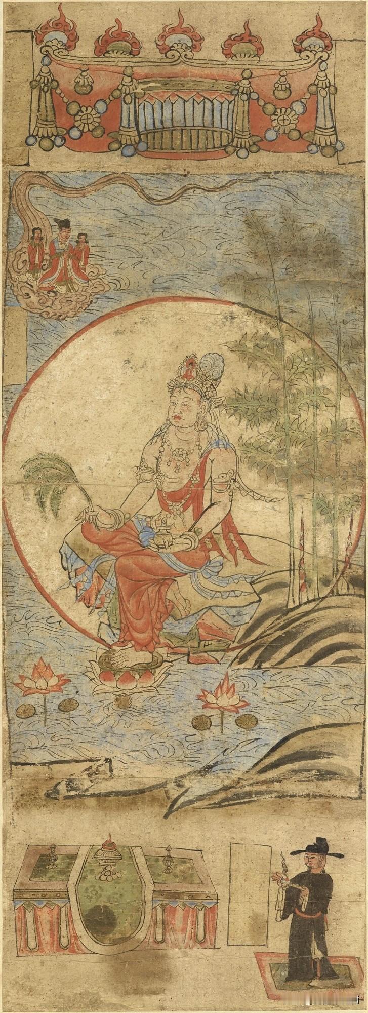 敦煌藏经洞出土唐画｜这便是千年前国人心中的水月观音历经一千多年的旧纸绢本，