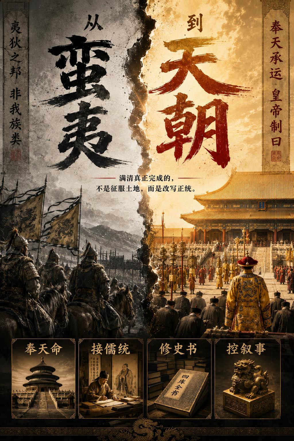 满清是如何把自己从“蛮夷”塑造为“天朝”的？其中有什么文化工程？Claude对