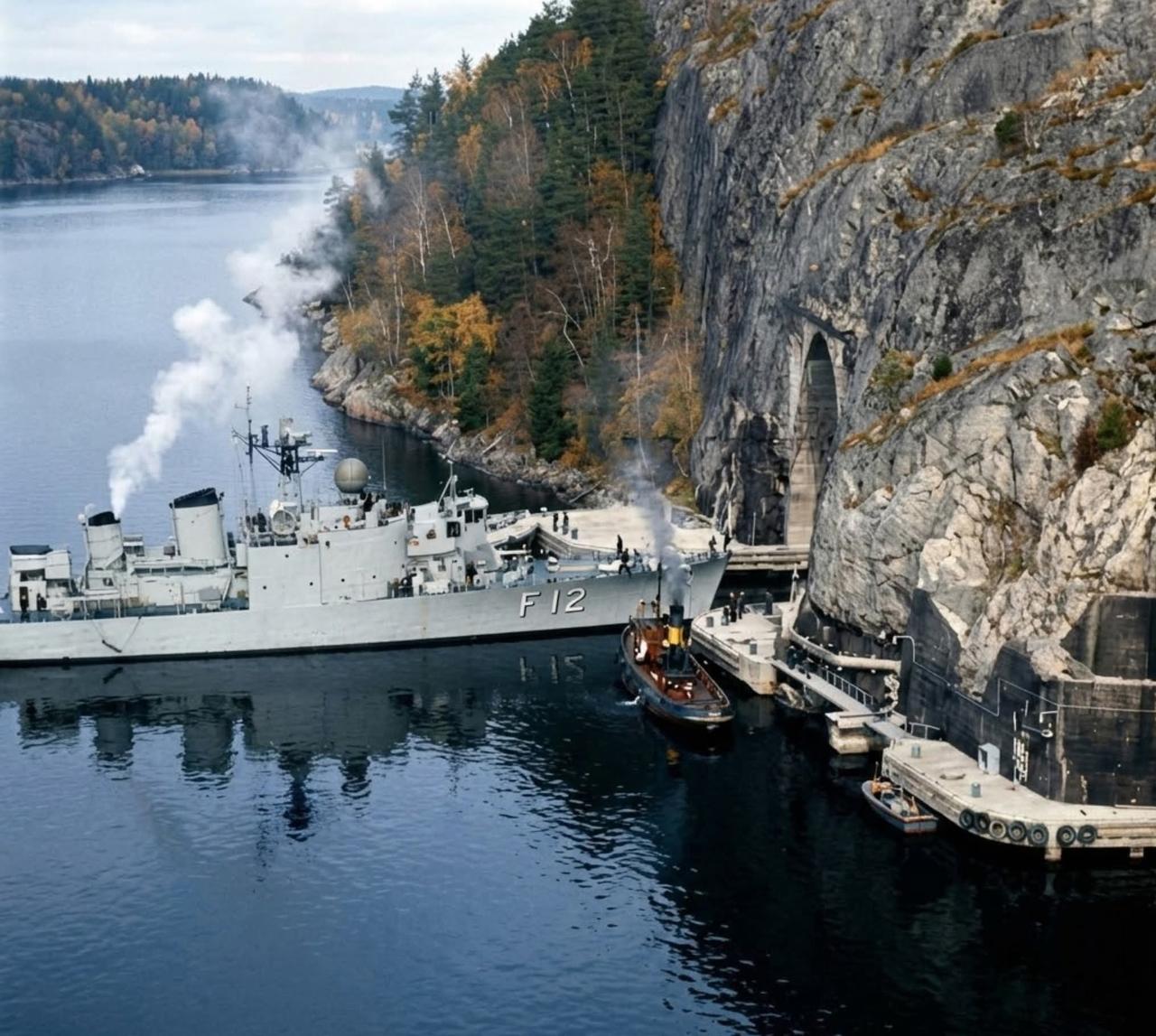 穆斯克海军基地深深凿入坚硬的花岗岩之中，瑞典海军“松兹瓦尔”号驱逐舰（J12）缓
