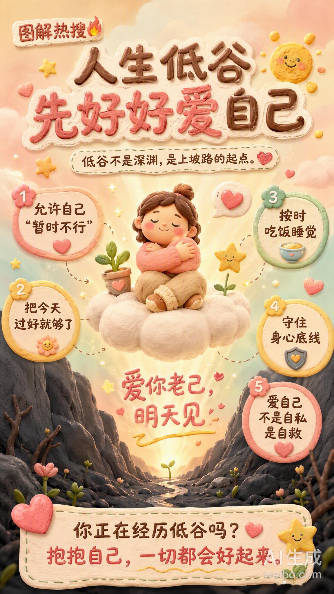人生低谷先好好爱自己人生不会一直顺风顺水，低谷期其实是生命自带的韵律。最近看到一句话特别戳心：“越是